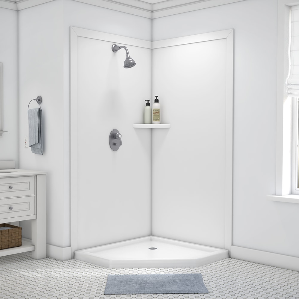 Panel de pared de esquina para regadera FlexStone Splendor de 40 pulgadas de ancho x 40 pulgadas de profundidad x 80 pulgadas de alto en blanco de 2 piezas