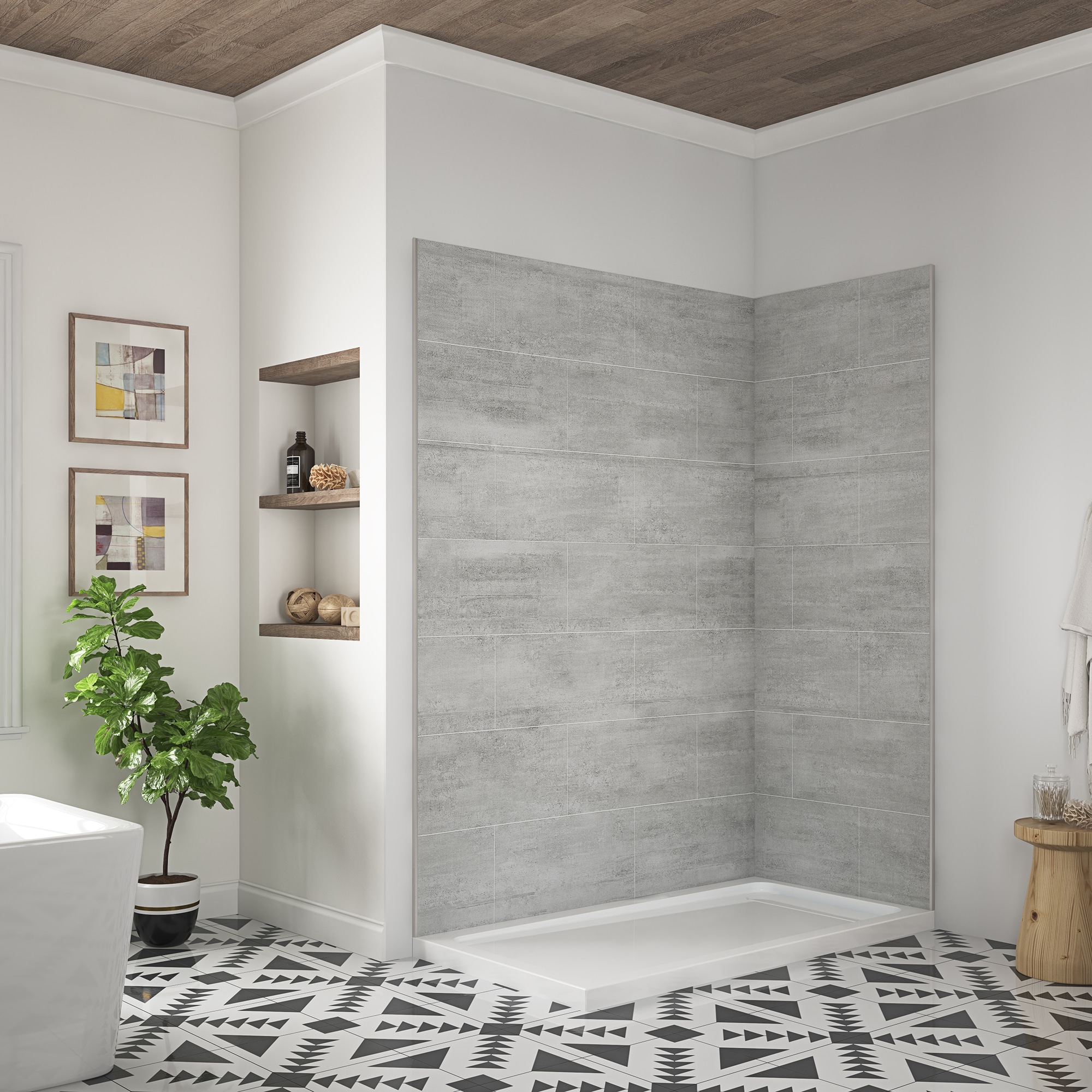 Panel de pared esquinero de ducha gris claro de 60 pulgadas W x 32 D x 80 pulgadas H de OVE Decors 2.0 -Pieza de instalación con pegamento 15SAP-MISC60-GRY