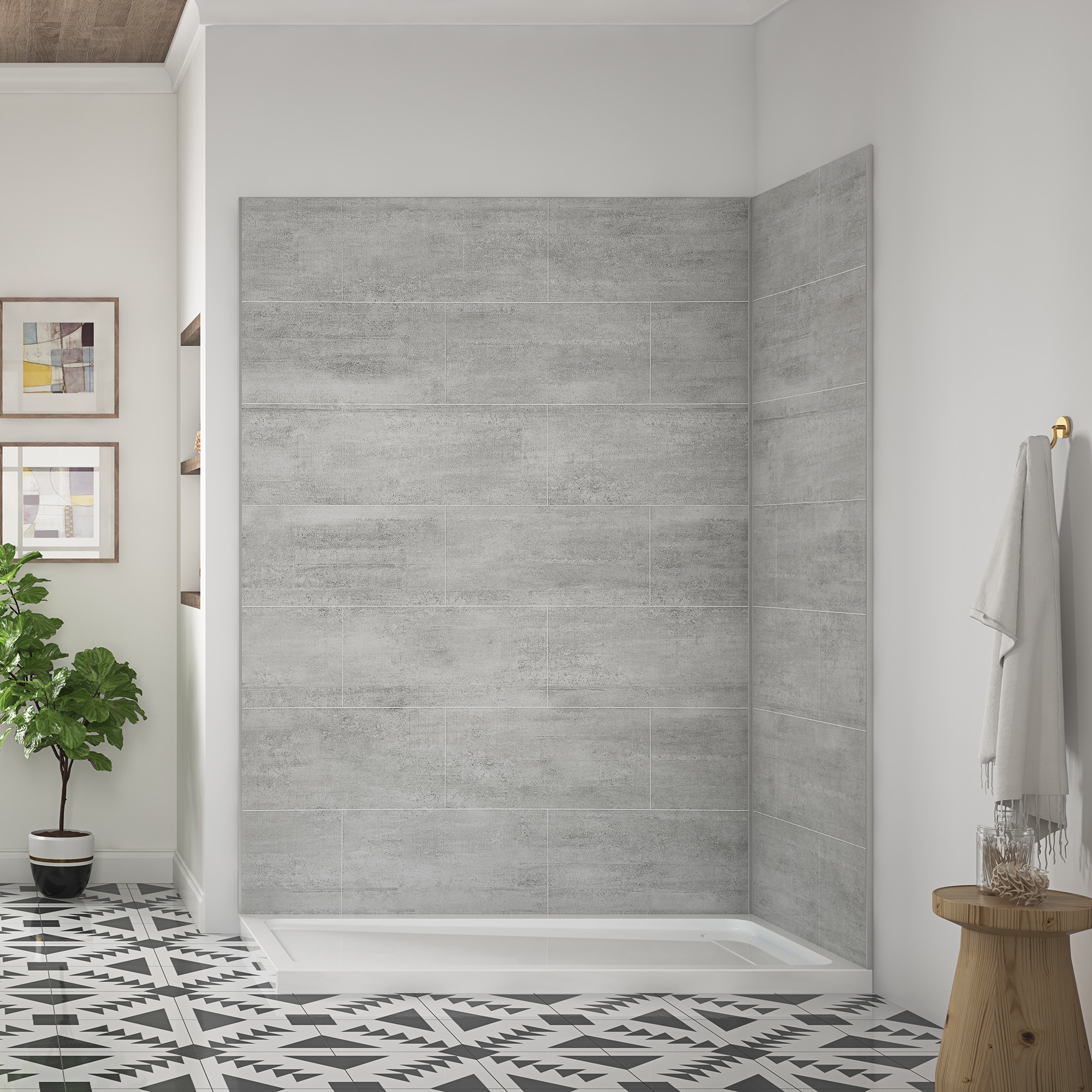 Panel de pared esquinero de ducha gris claro de 60 pulgadas W x 32 D x 80 pulgadas H de OVE Decors 2.0 -Pieza de instalación con pegamento 15SAP-MISC60-GRY