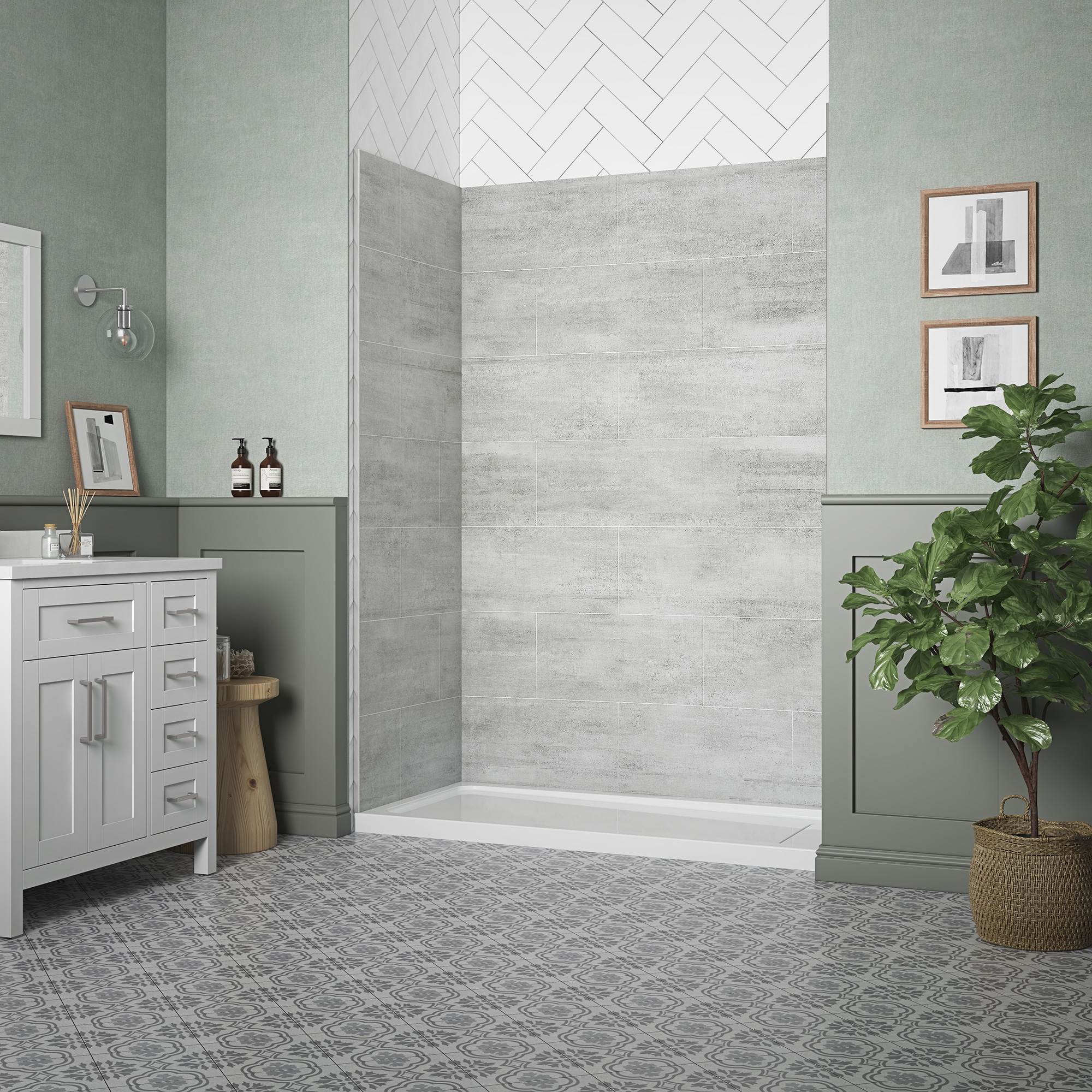 Panel de pared esquinero de ducha gris claro de 60 pulgadas W x 32 D x 80 pulgadas H de OVE Decors 2.0 -Pieza de instalación con pegamento 15SAP-MISC60-GRY