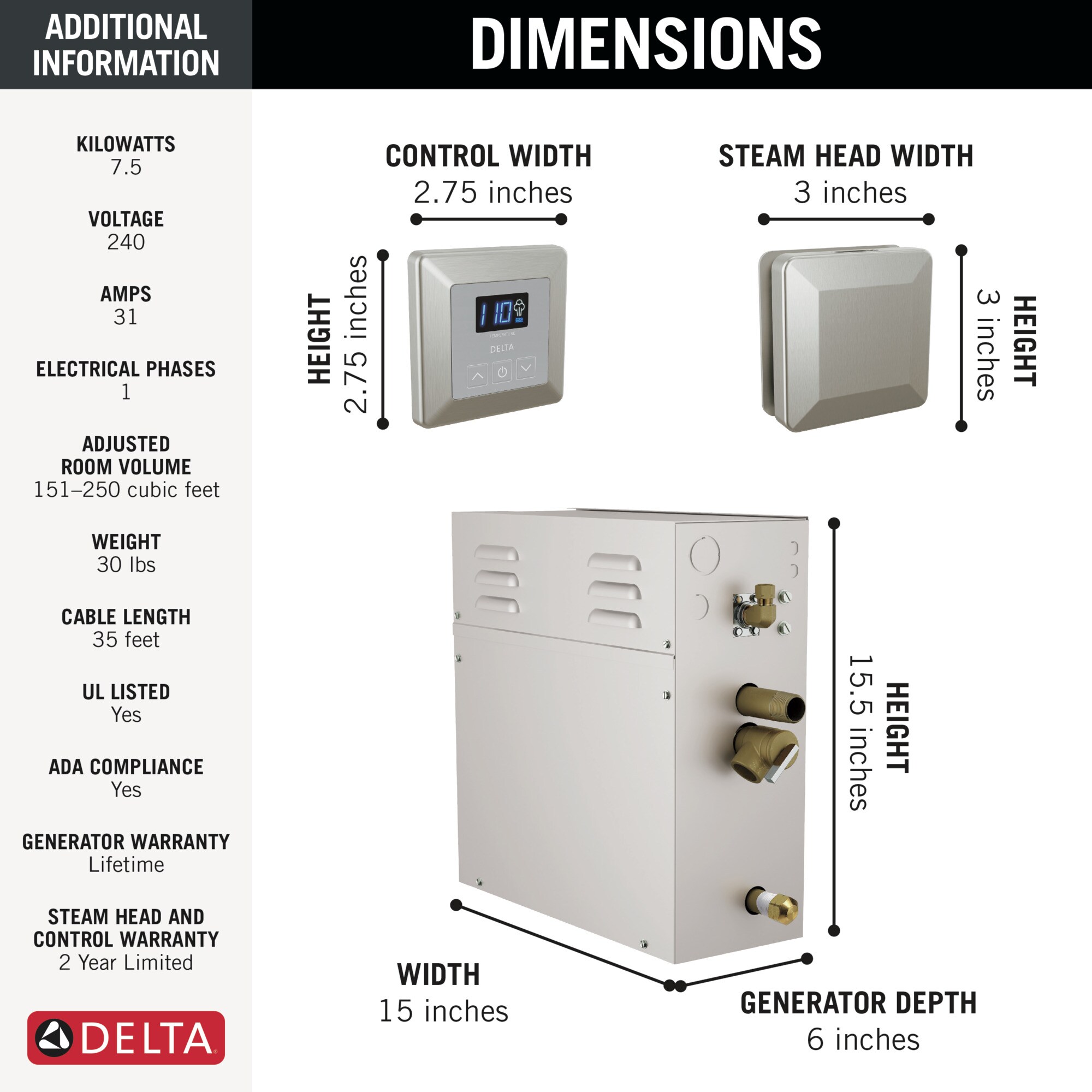 Generador de vapor de acero Lumicoat de 7500 vatios Delta 5P-EST07-SS-PR