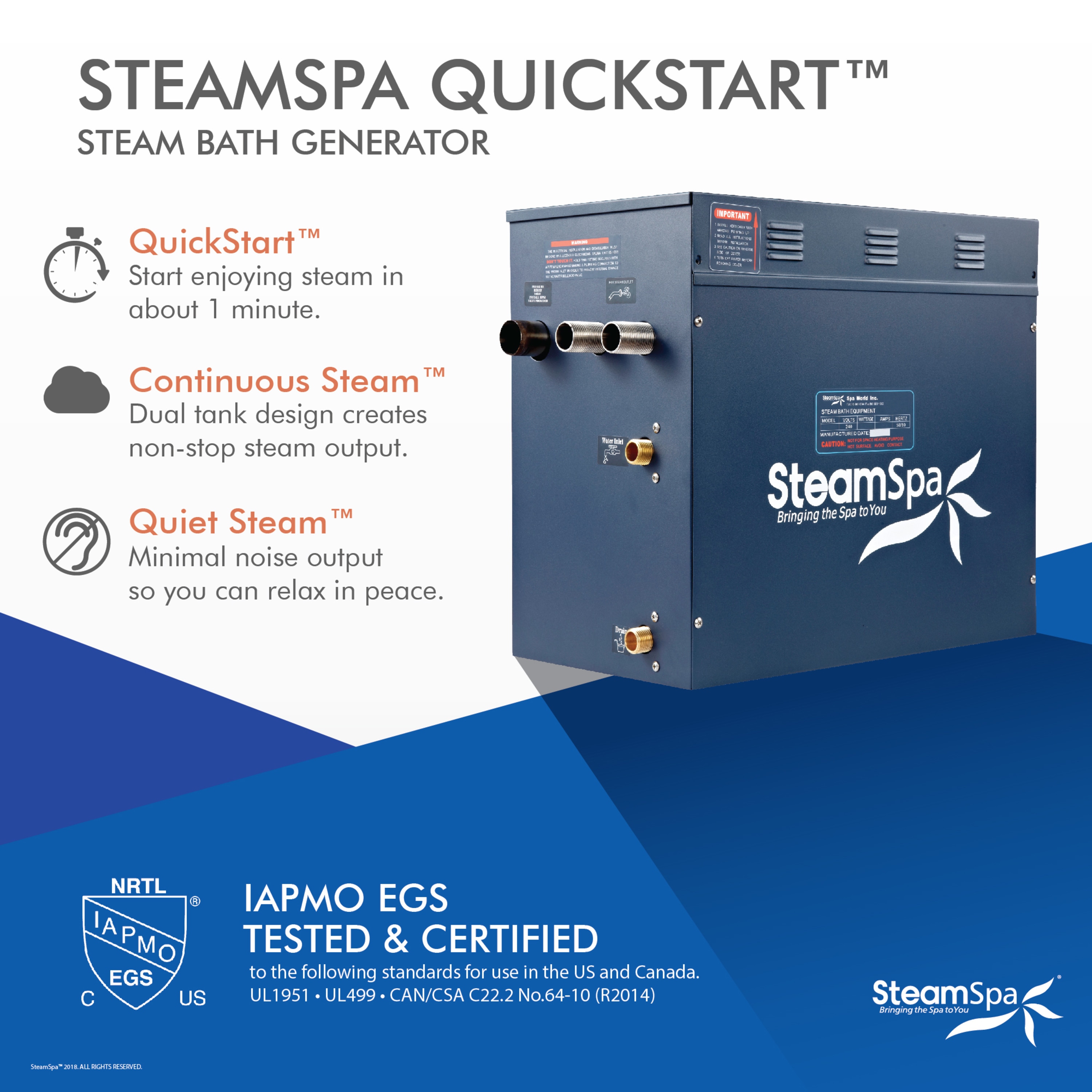 Generador de vapor azul SteamSpa Oasis de 10500 watts