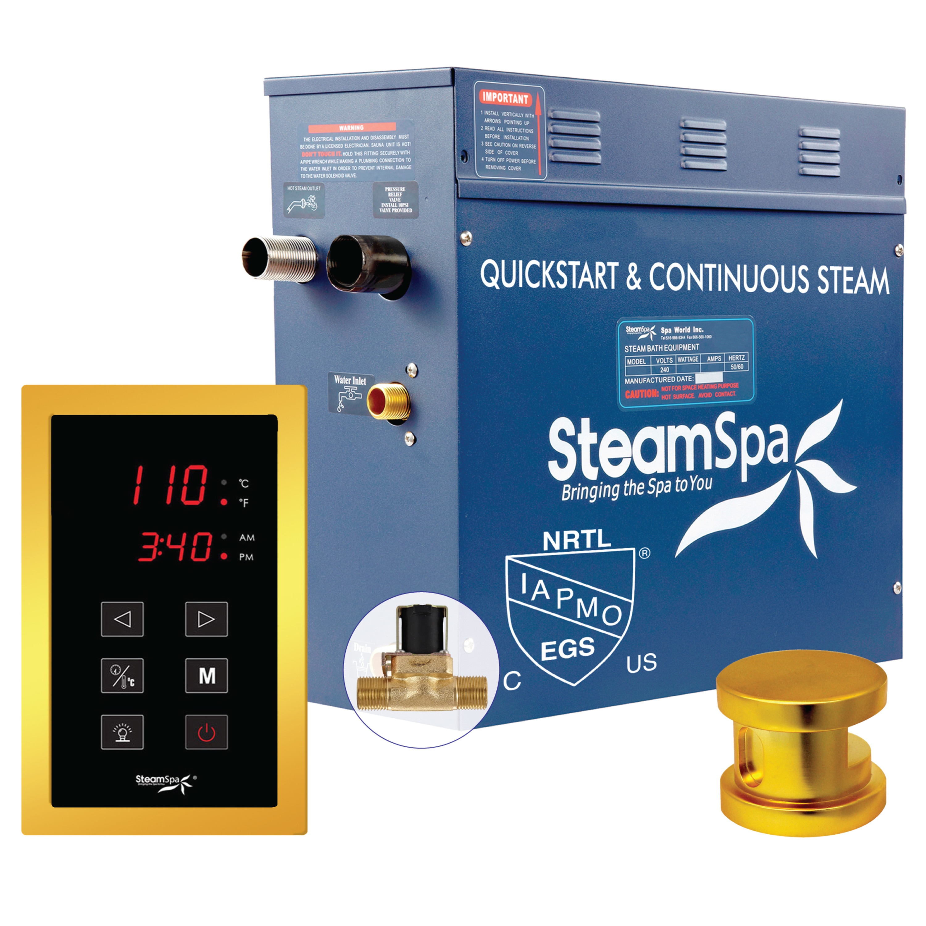 Generador de vapor SteamSpa Oasis de 9000 vatios en color dorado OAT900GD-A
