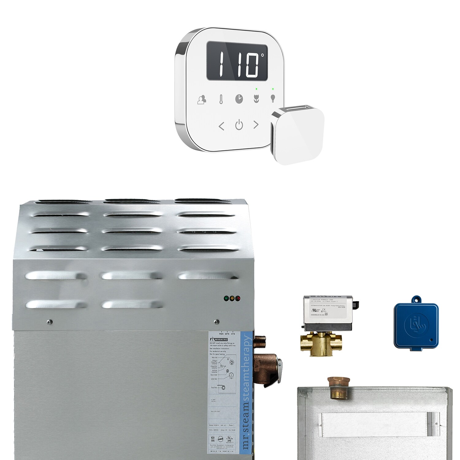 Kit de control para generador de vapor de 10000 watts en color blanco y cromo pulido.