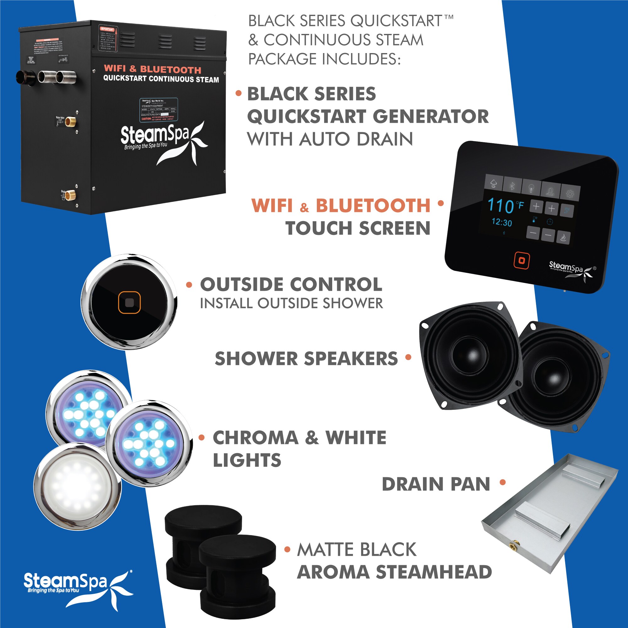 Generador de vapor negro de la serie Black Series de SteamSpa de 10500 vatios en acabado negro mate BKT1050MK-A.