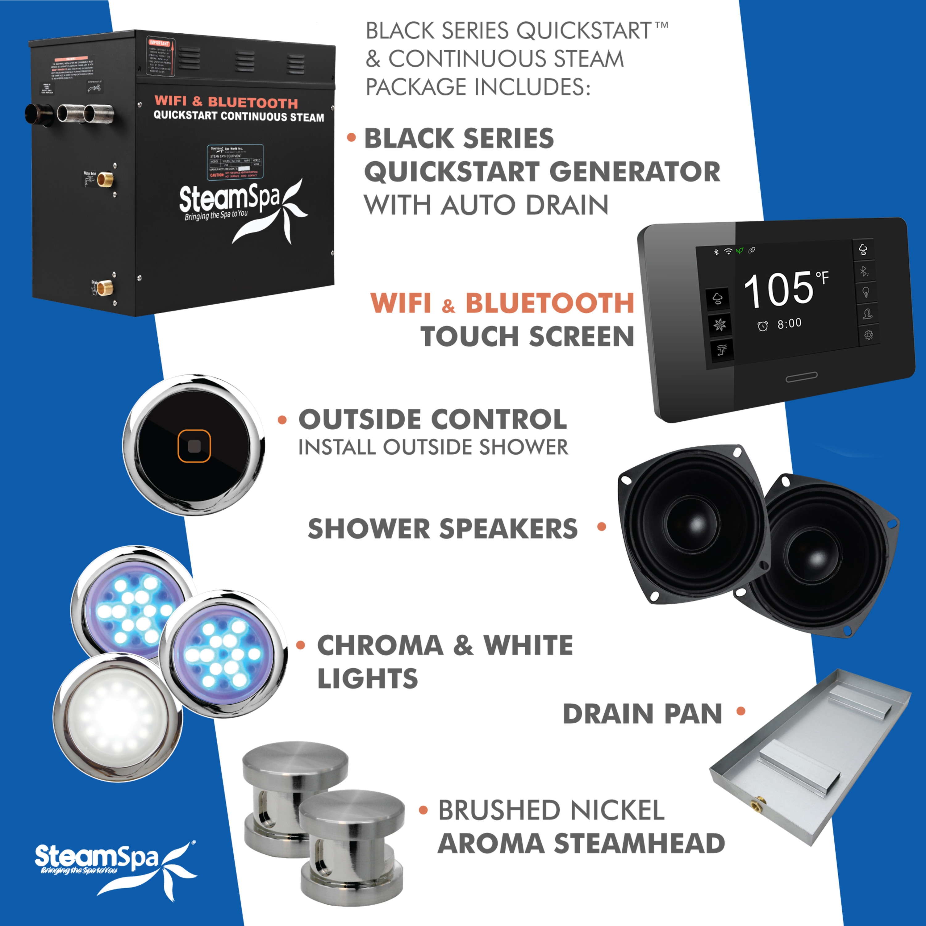 Generador de vapor SteamSpa Black Series de 10500 vatios en níquel cepillado BKT1050BN-ADP