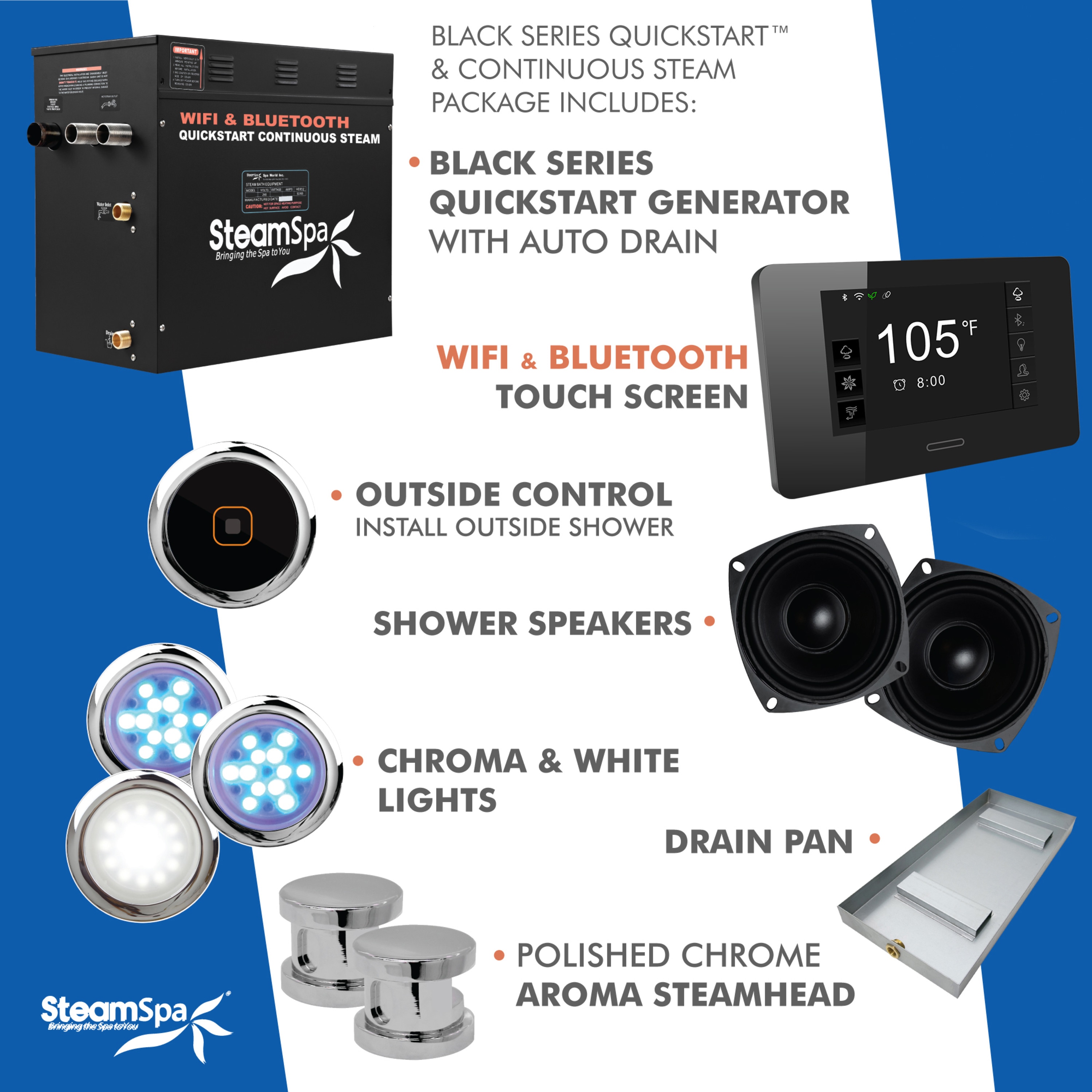 Generador de vapor SteamSpa Black Series de 10500 vatios en cromo pulido