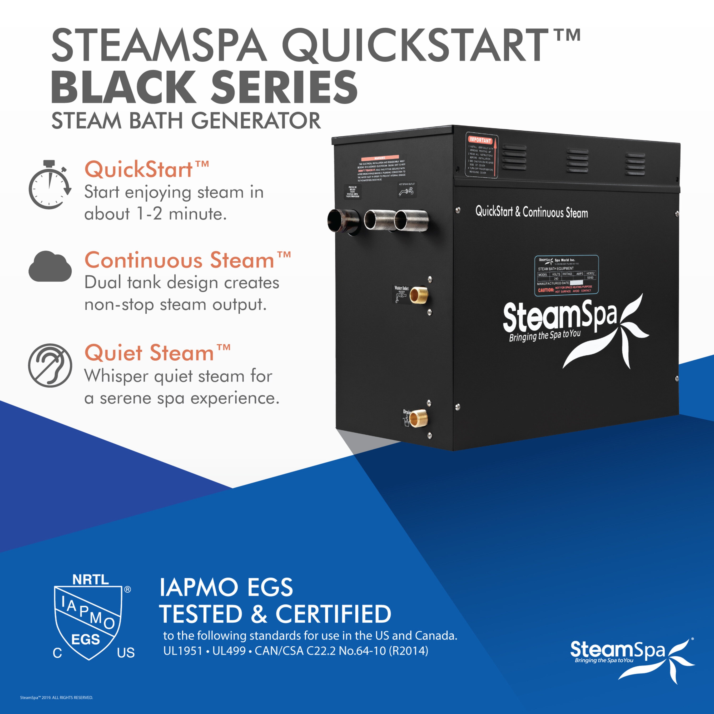 Generador de vapor SteamSpa Black Series de 10500 vatios en color negro con acabado dorado