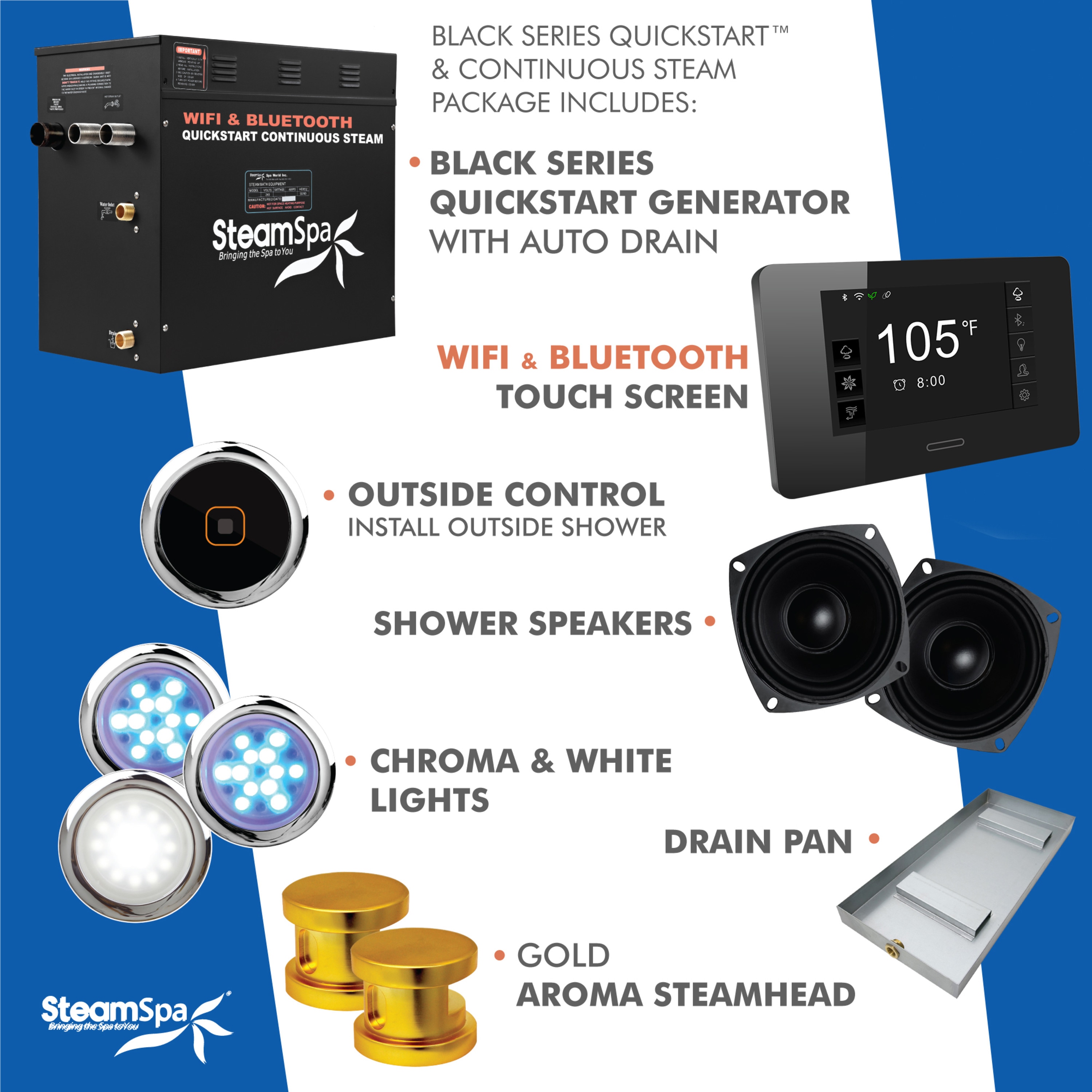 Generador de vapor SteamSpa Black Series de 10500 vatios en color negro con acabado dorado
