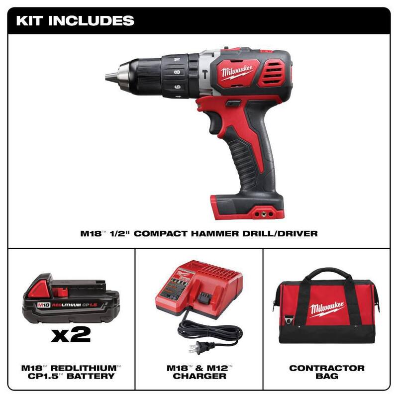 Milwaukee M18 Taladro Percutor Inalámbrico de Iones de Litio de 1/2 pulgada con Kit de 2 baterías de 1.5Ah, cargador y estuche rígido - 2607-22CT