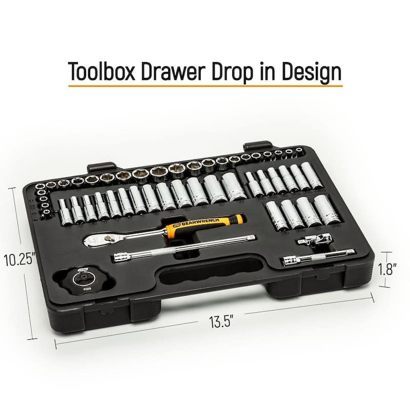Juego de trinquetes y dados estándar y profundos, en pulgadas y milímetros, de 1/4, 3/8 y 1/2 pulg. de GEARWRENCH con 90 dientes de manejo (163 piezas) - 8586789CB