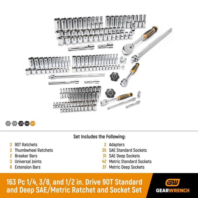 Juego de trinquetes y dados estándar y profundos, en pulgadas y milímetros, de 1/4, 3/8 y 1/2 pulg. de GEARWRENCH con 90 dientes de manejo (163 piezas) - 8586789CB