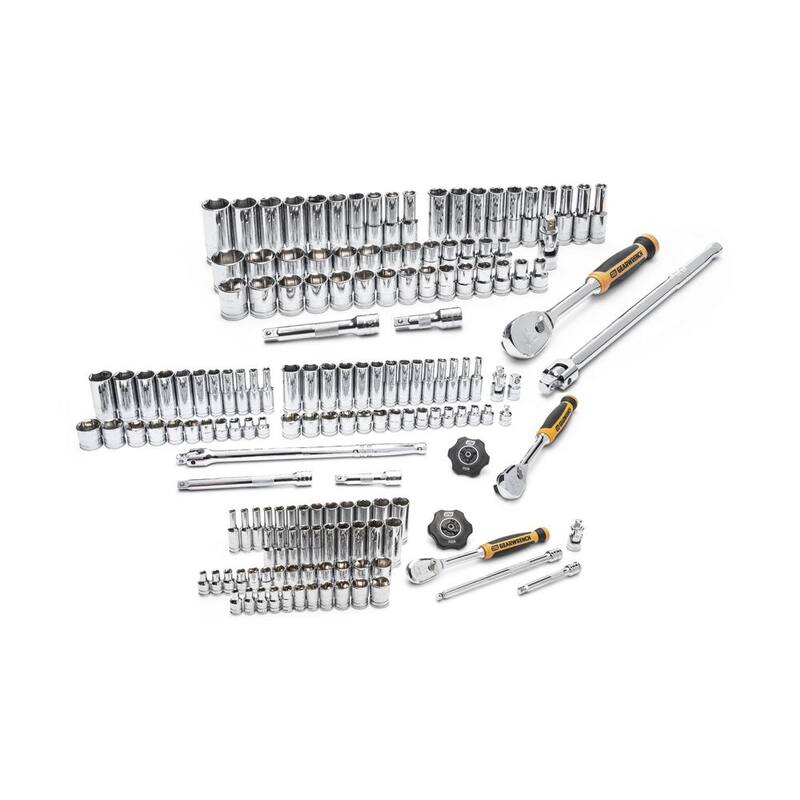Juego de trinquetes y dados estándar y profundos, en pulgadas y milímetros, de 1/4, 3/8 y 1/2 pulg. de GEARWRENCH con 90 dientes de manejo (163 piezas) - 8586789CB
