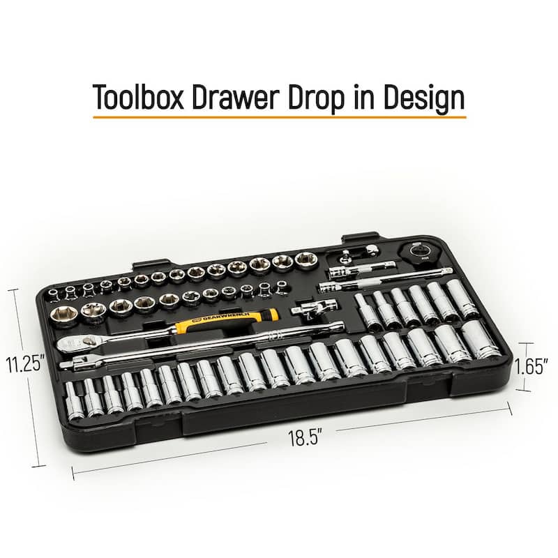 Juego de trinquetes y dados estándar y profundos, en pulgadas y milímetros, de 1/4, 3/8 y 1/2 pulg. de GEARWRENCH con 90 dientes de manejo (163 piezas) - 8586789CB