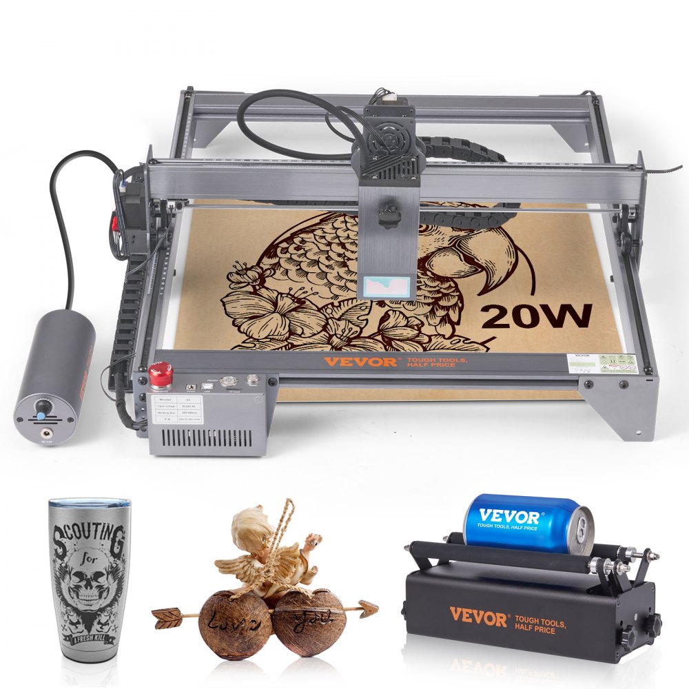 VEVOR Laser Engraver, 20W Output Laser Engraving Machine, 15.7" x 15.7" Large Working Area, 10000mm/min Movement Speed, Compressed Spot with Rotary Roller, Laser Cutter for Wood, Metal, Acrylic - KZXS20W4140CMZ060V1