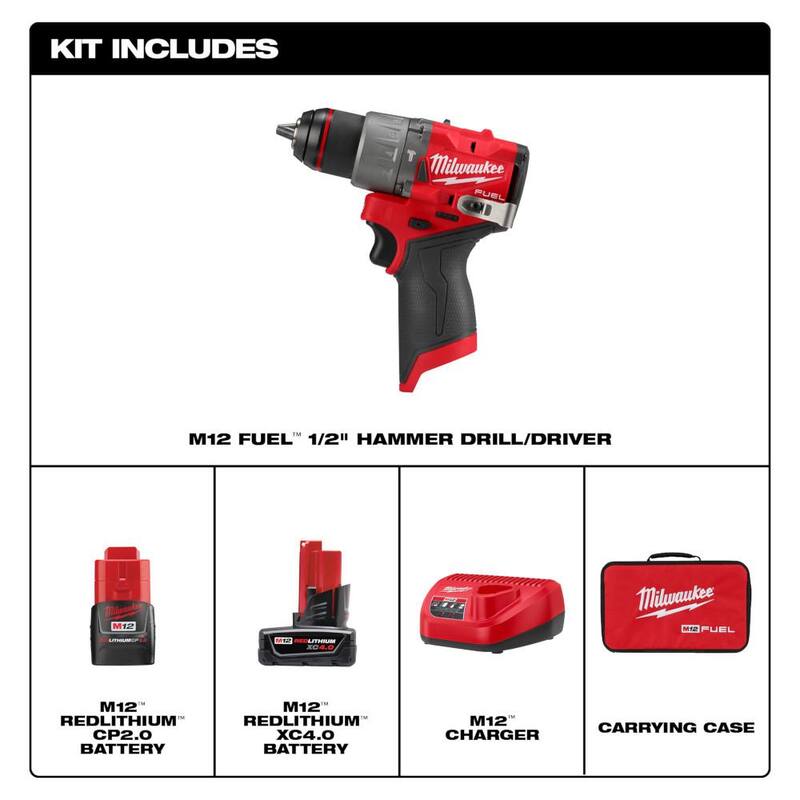 Milwaukee M12 FUEL 12V Taladro de martillo inalámbrico sin escobillas de 1/2 pulgadas con batería de iones de litio y kit de luz de servicio M12 ROVER - 3404-22-2367-20.