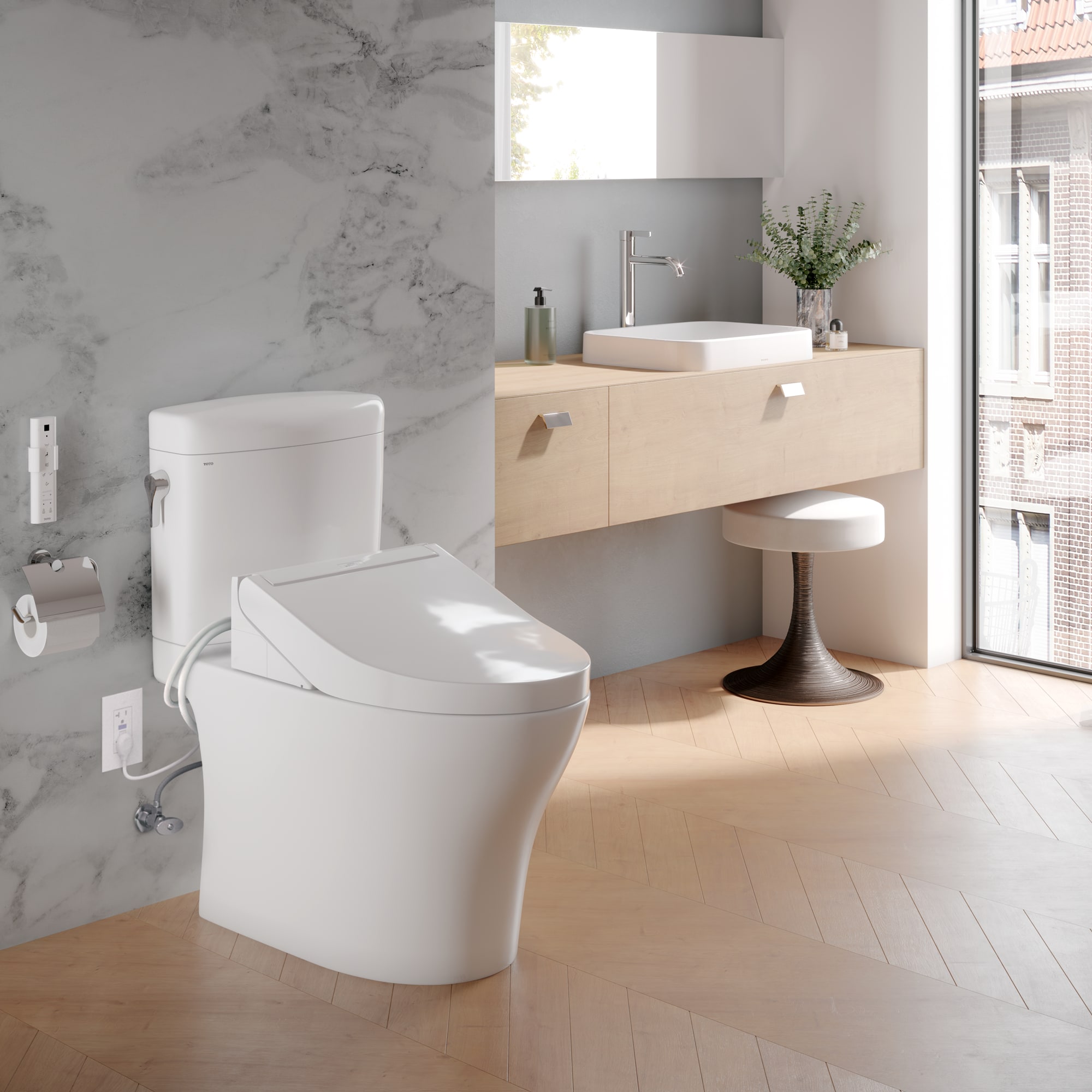 Asiento de Inodoro con Bidet Calentado Suave de Cierre Lento en Blanco de Algodón de Plástico TOTO Washlet C5 alargado SW3084-01