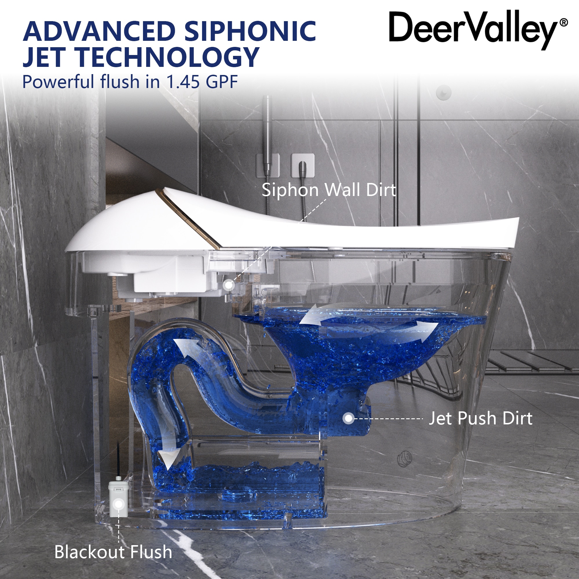 Sanitario Automático blanco sin contacto de DeerValley Vertex con altura estándar, cierre suave inteligente y bidé alargado. Instalación de 12 pulgadas y flujo de 1.4 GPF. DV-1S0160-V3.