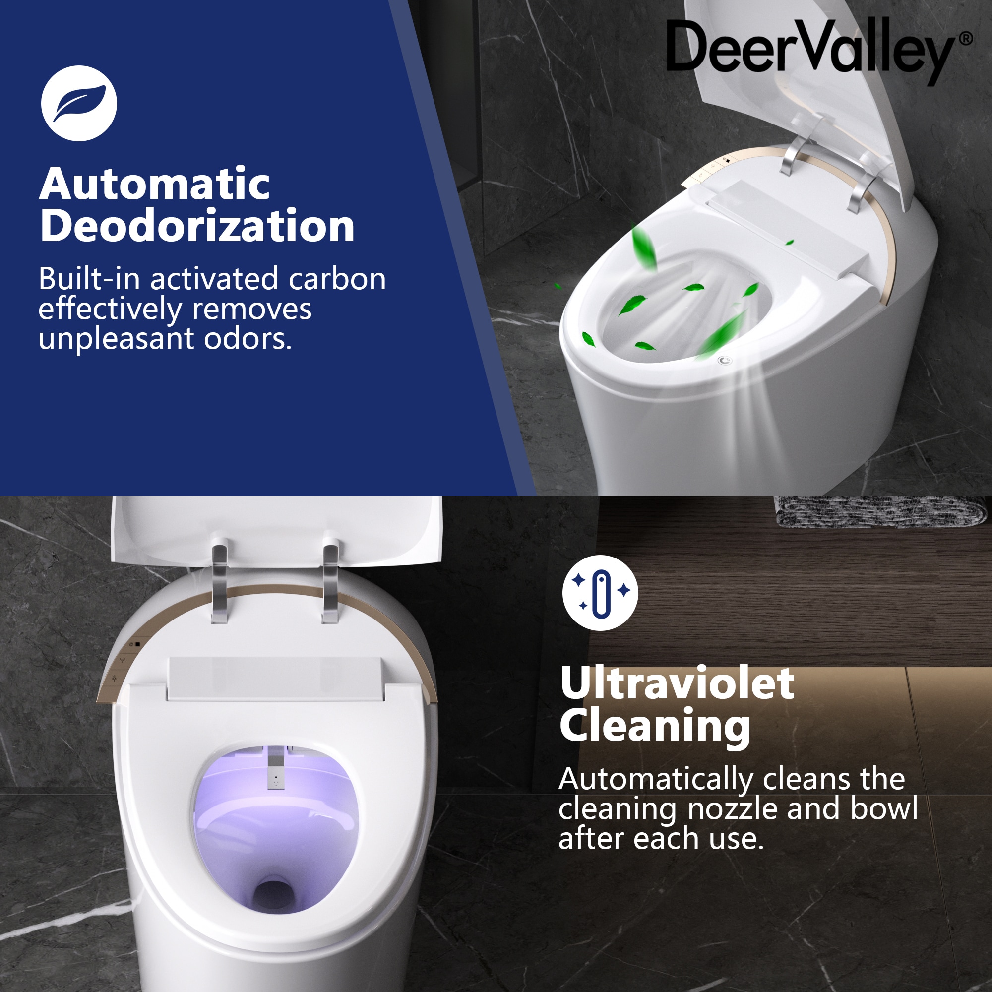 Sanitario Automático blanco sin contacto de DeerValley Vertex con altura estándar, cierre suave inteligente y bidé alargado. Instalación de 12 pulgadas y flujo de 1.4 GPF. DV-1S0160-V3.