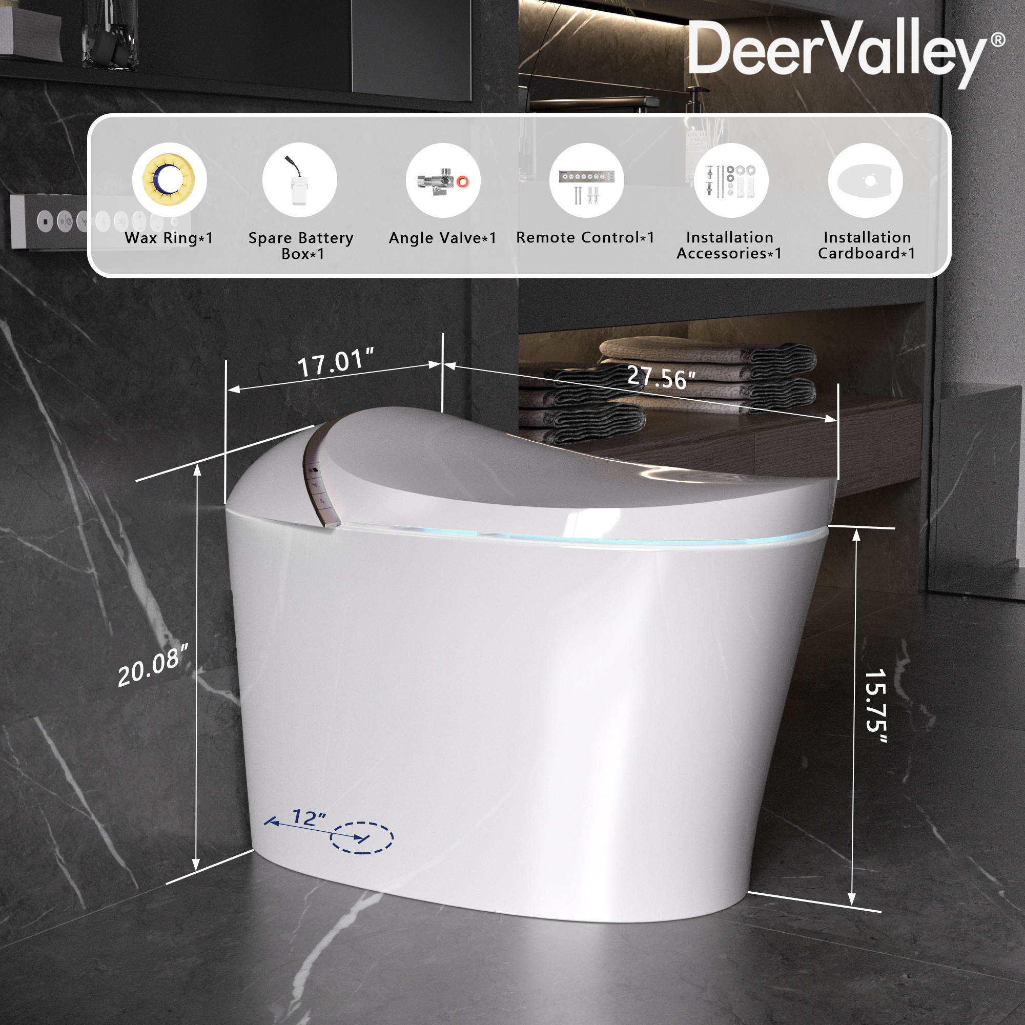 Sanitario Automático blanco sin contacto de DeerValley Vertex con altura estándar, cierre suave inteligente y bidé alargado. Instalación de 12 pulgadas y flujo de 1.4 GPF. DV-1S0160-V3.