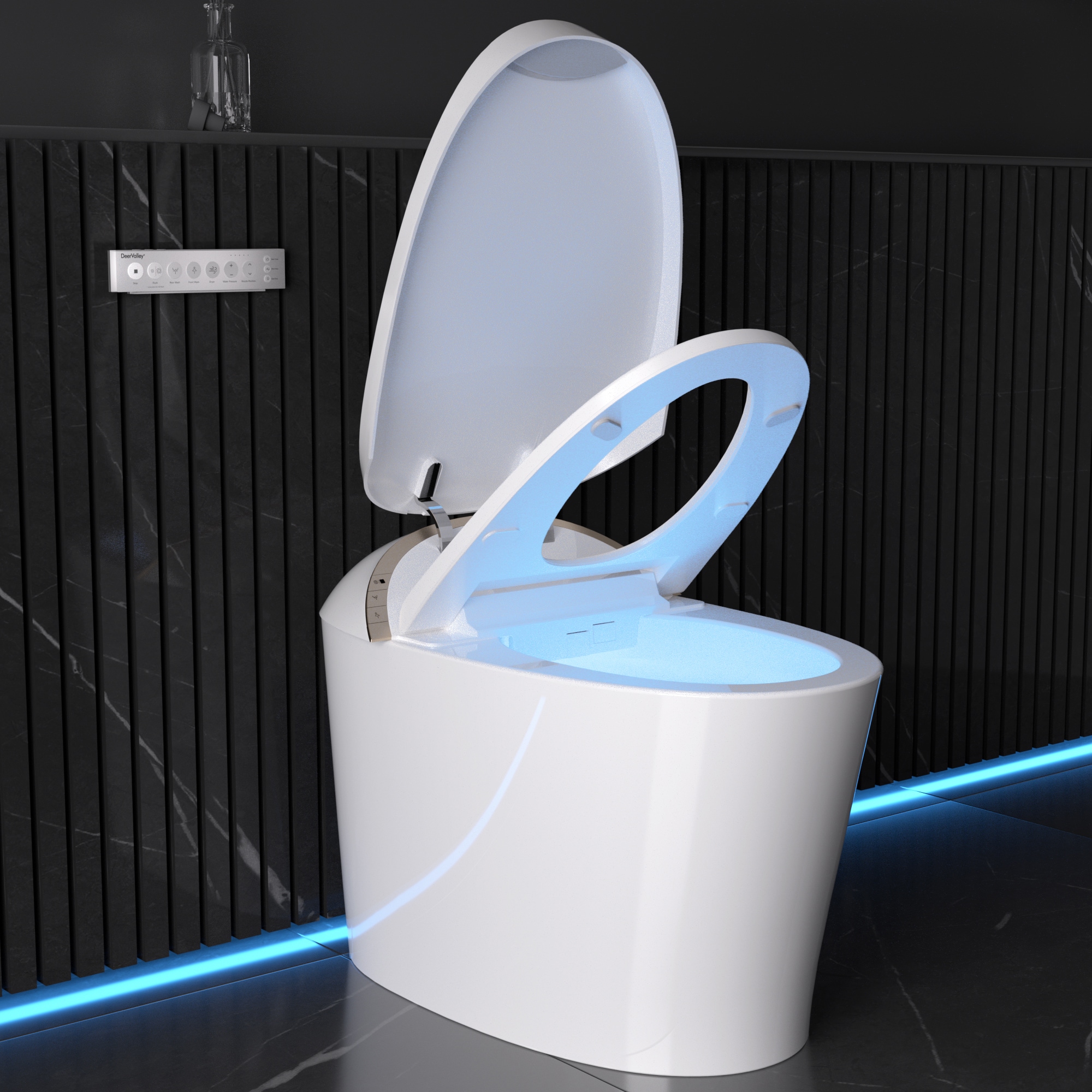 Sanitario Automático blanco sin contacto de DeerValley Vertex con altura estándar, cierre suave inteligente y bidé alargado. Instalación de 12 pulgadas y flujo de 1.4 GPF. DV-1S0160-V3.