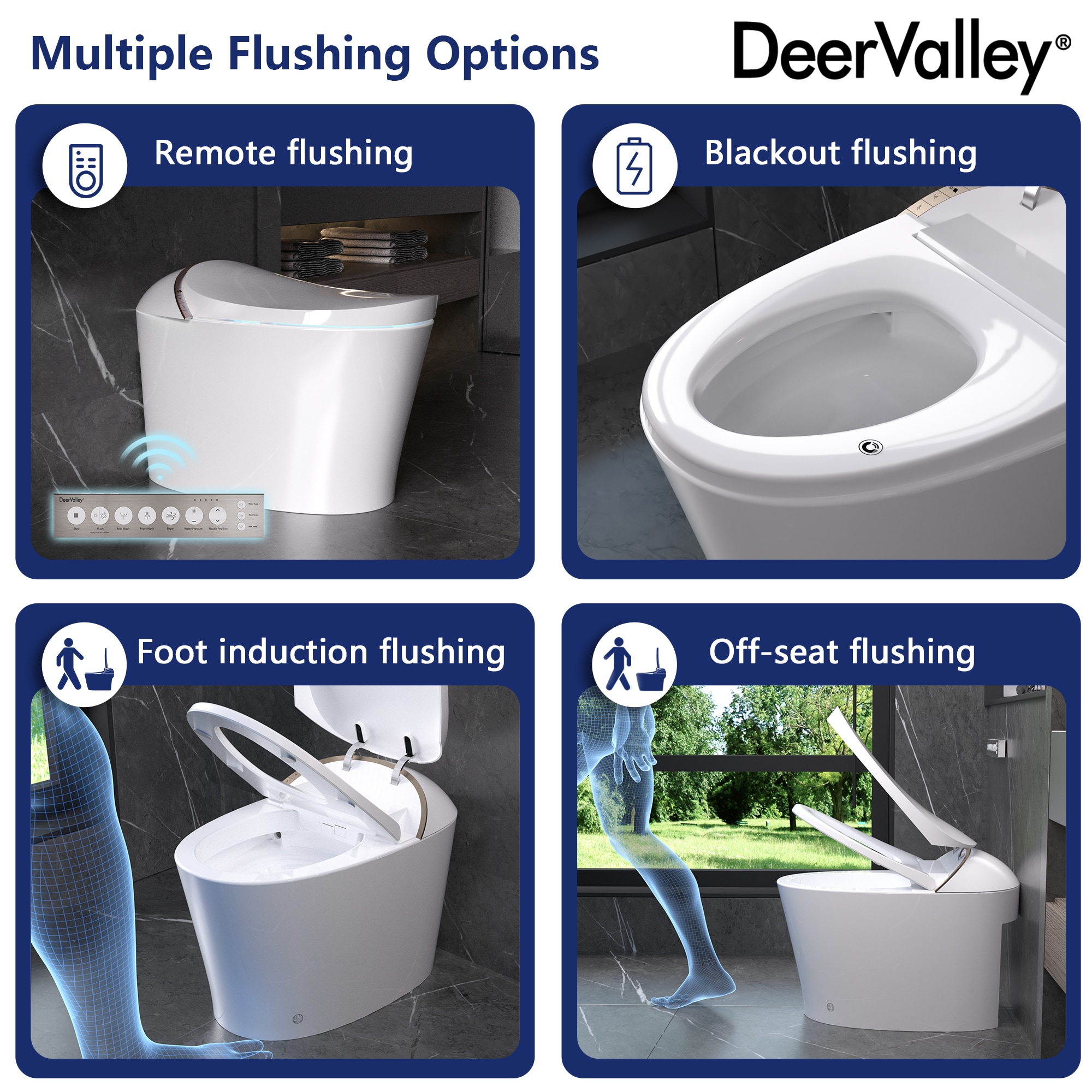 Sanitario Automático blanco sin contacto de DeerValley Vertex con altura estándar, cierre suave inteligente y bidé alargado. Instalación de 12 pulgadas y flujo de 1.4 GPF. DV-1S0160-V3.