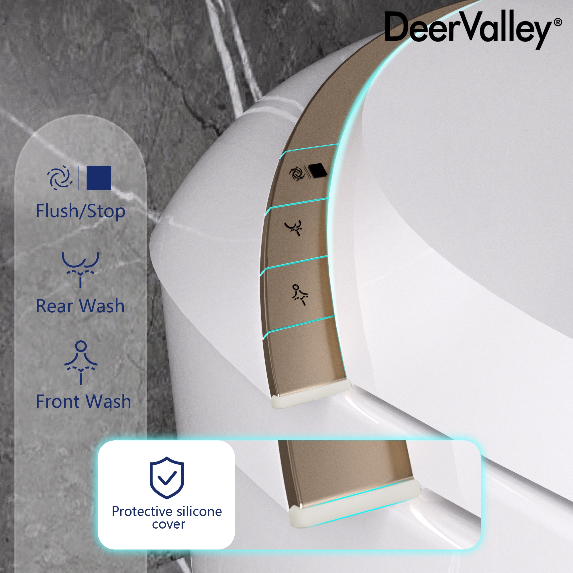 Sanitario Automático blanco sin contacto de DeerValley Vertex con altura estándar, cierre suave inteligente y bidé alargado. Instalación de 12 pulgadas y flujo de 1.4 GPF. DV-1S0160-V3.