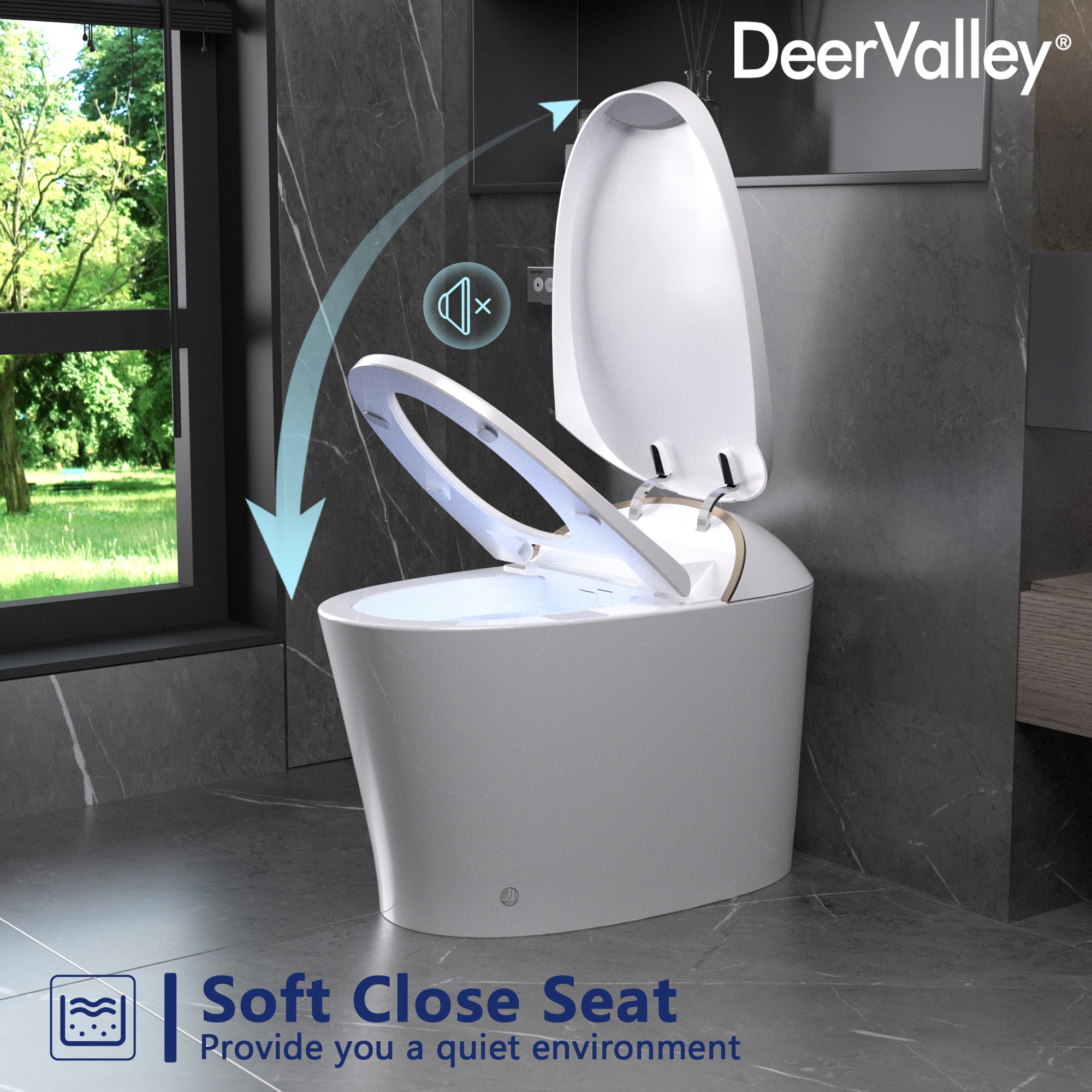 Sanitario Automático blanco sin contacto de DeerValley Vertex con altura estándar, cierre suave inteligente y bidé alargado. Instalación de 12 pulgadas y flujo de 1.4 GPF. DV-1S0160-V3.