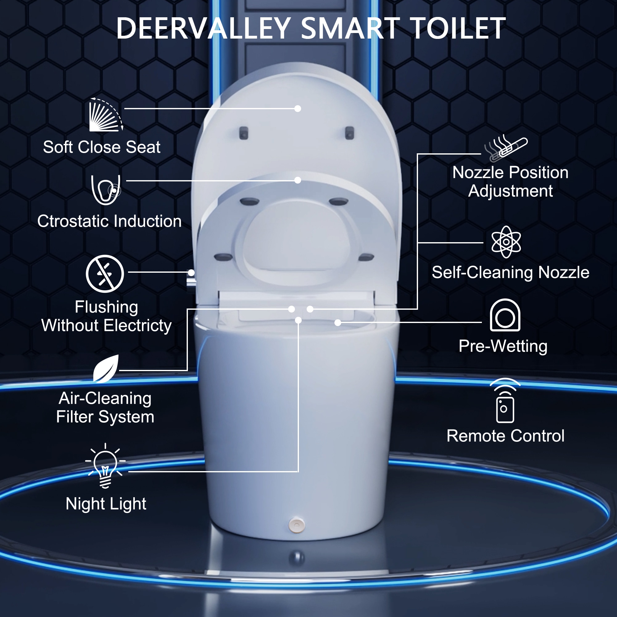 Inodoro inteligente con bidé DeerValley Apex Blanco sin contacto con cierre suave estándar y altura alargada 12 pulgadas, descarga de 1.28 GPF DV-1S0029