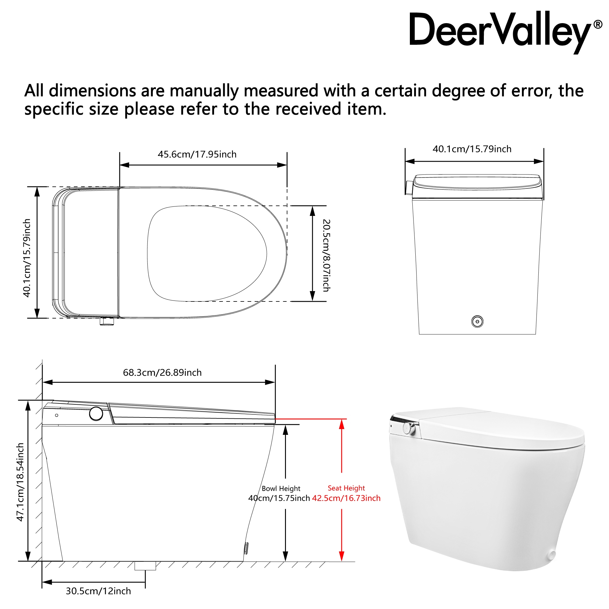 Inodoro inteligente con bidé DeerValley Apex Blanco sin contacto con cierre suave estándar y altura alargada 12 pulgadas, descarga de 1.28 GPF DV-1S0029