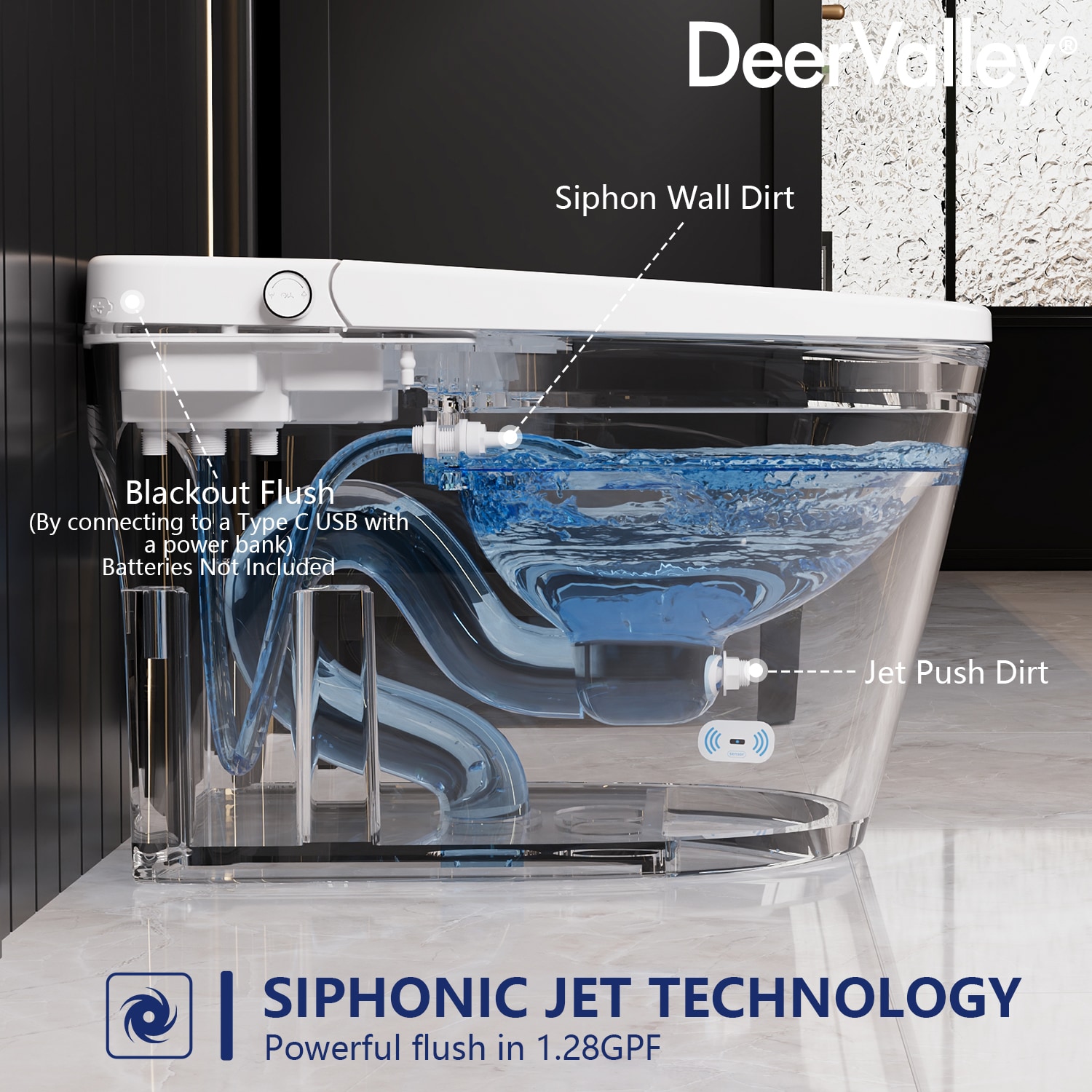 Inodoro Inteligente con Bidet de una Pieza con Descarga Sin Contacto y Cierre Suave en Color Blanco de DeerValley, Altura Estándar alargado, 12 pulgadas de ajuste bruto, 1.28 GPF DV-1S0159-V3.