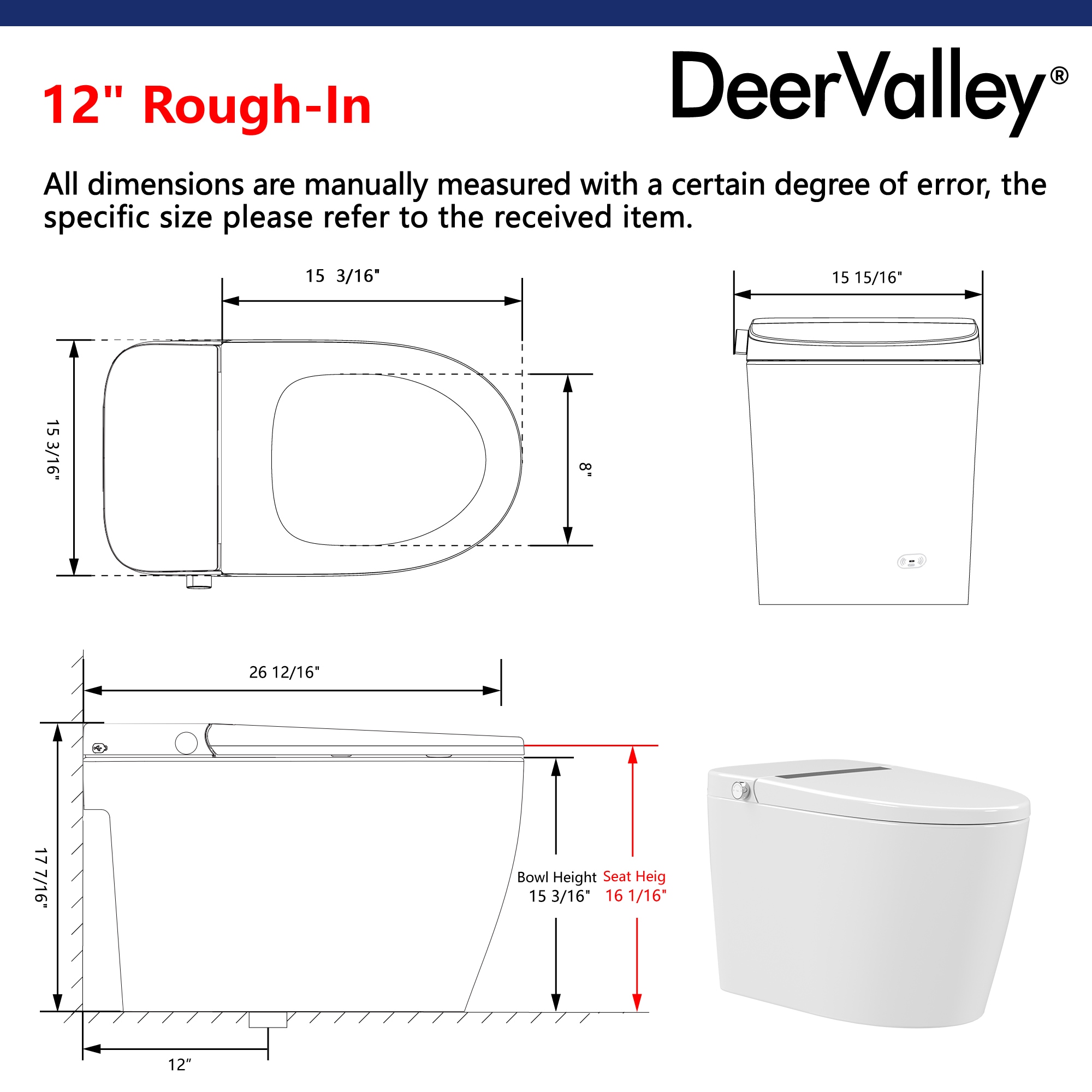 Inodoro Inteligente con Bidet de una Pieza con Descarga Sin Contacto y Cierre Suave en Color Blanco de DeerValley, Altura Estándar alargado, 12 pulgadas de ajuste bruto, 1.28 GPF DV-1S0159-V3.
