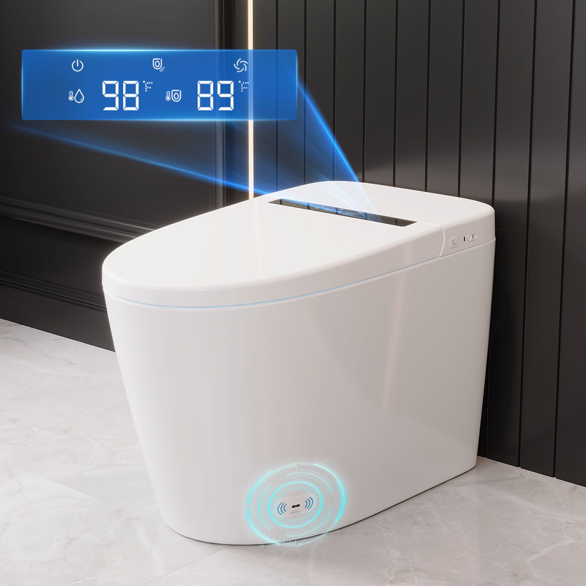 Inodoro Inteligente con Bidet de una Pieza con Descarga Sin Contacto y Cierre Suave en Color Blanco de DeerValley, Altura Estándar alargado, 12 pulgadas de ajuste bruto, 1.28 GPF DV-1S0159-V3.