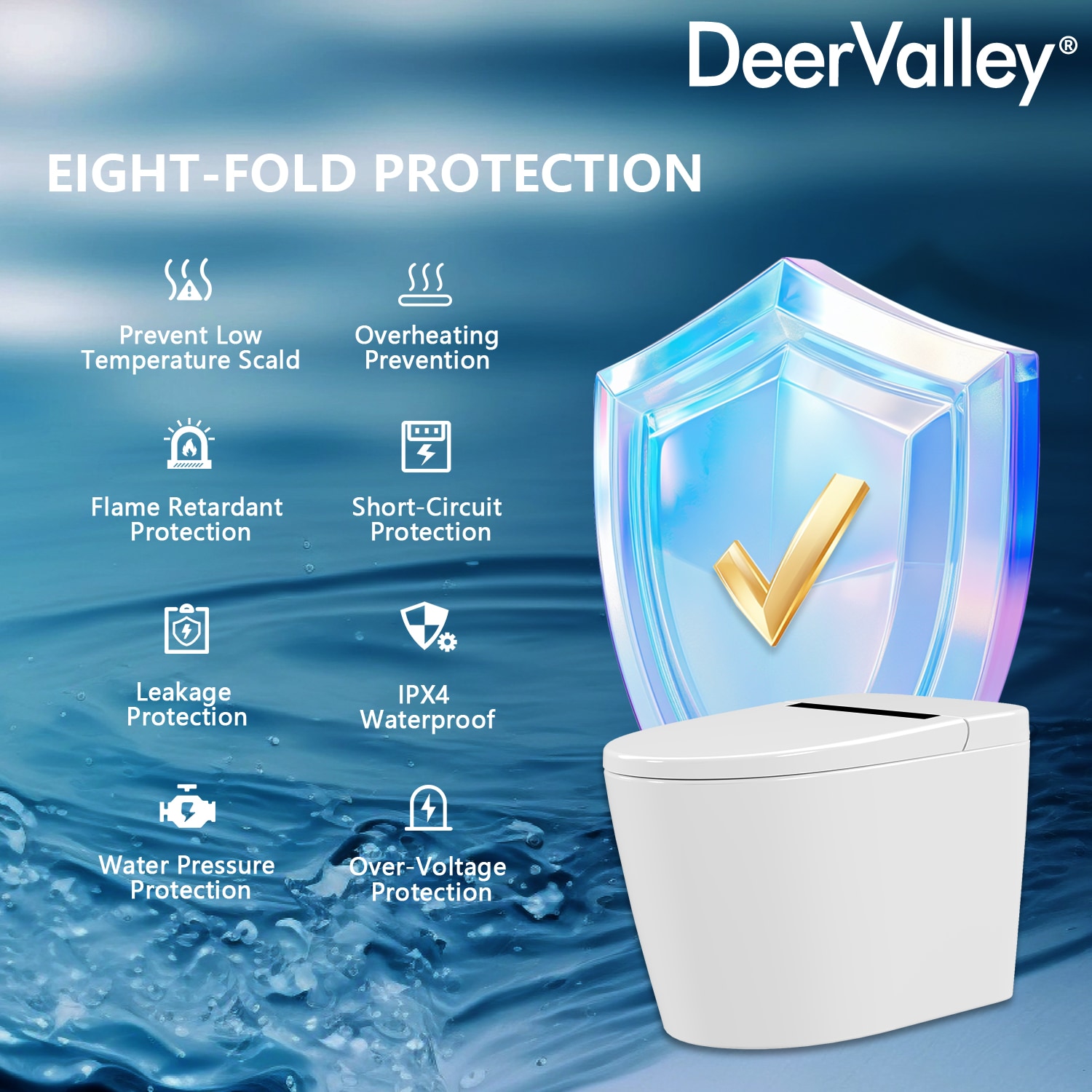 Inodoro Inteligente con Bidet de una Pieza con Descarga Sin Contacto y Cierre Suave en Color Blanco de DeerValley, Altura Estándar alargado, 12 pulgadas de ajuste bruto, 1.28 GPF DV-1S0159-V3.