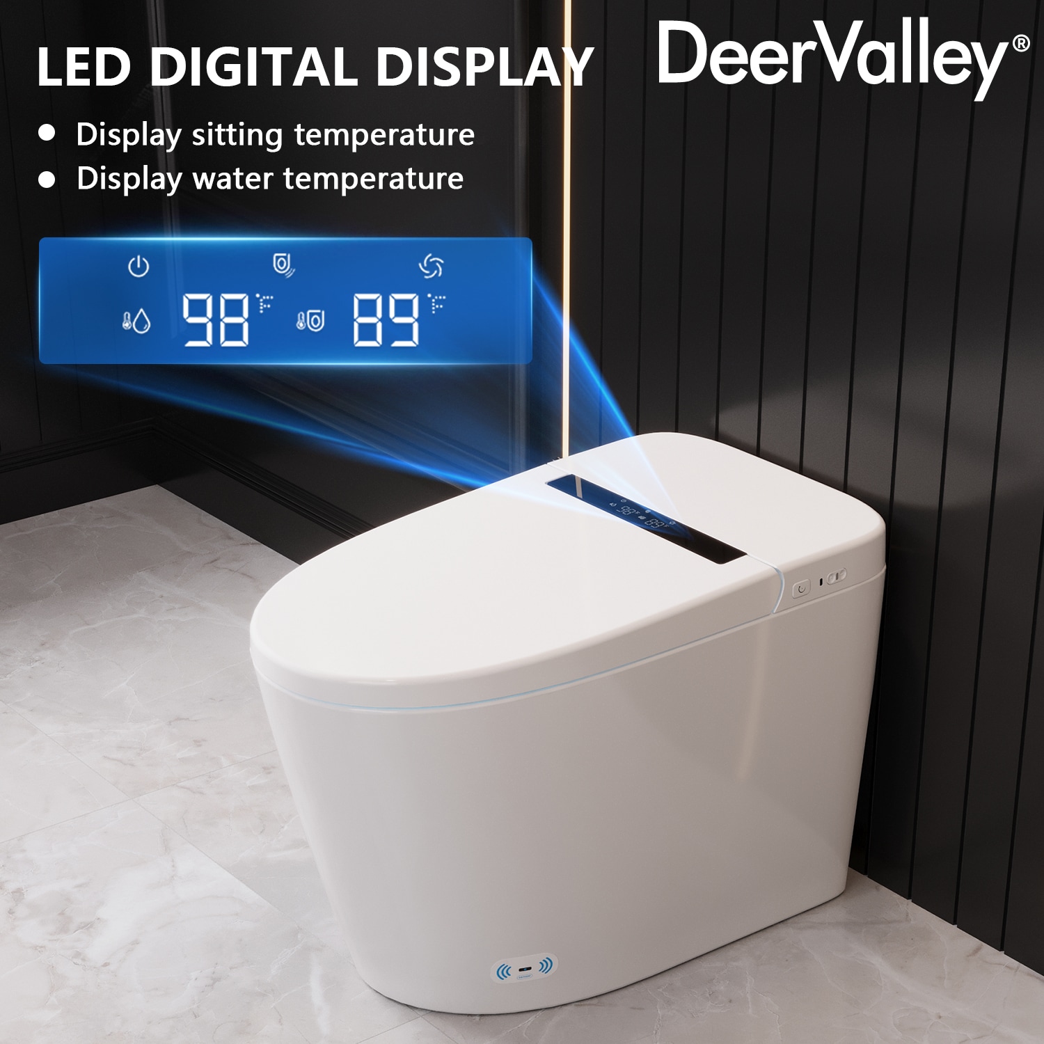 Inodoro Inteligente con Bidet de una Pieza con Descarga Sin Contacto y Cierre Suave en Color Blanco de DeerValley, Altura Estándar alargado, 12 pulgadas de ajuste bruto, 1.28 GPF DV-1S0159-V3.