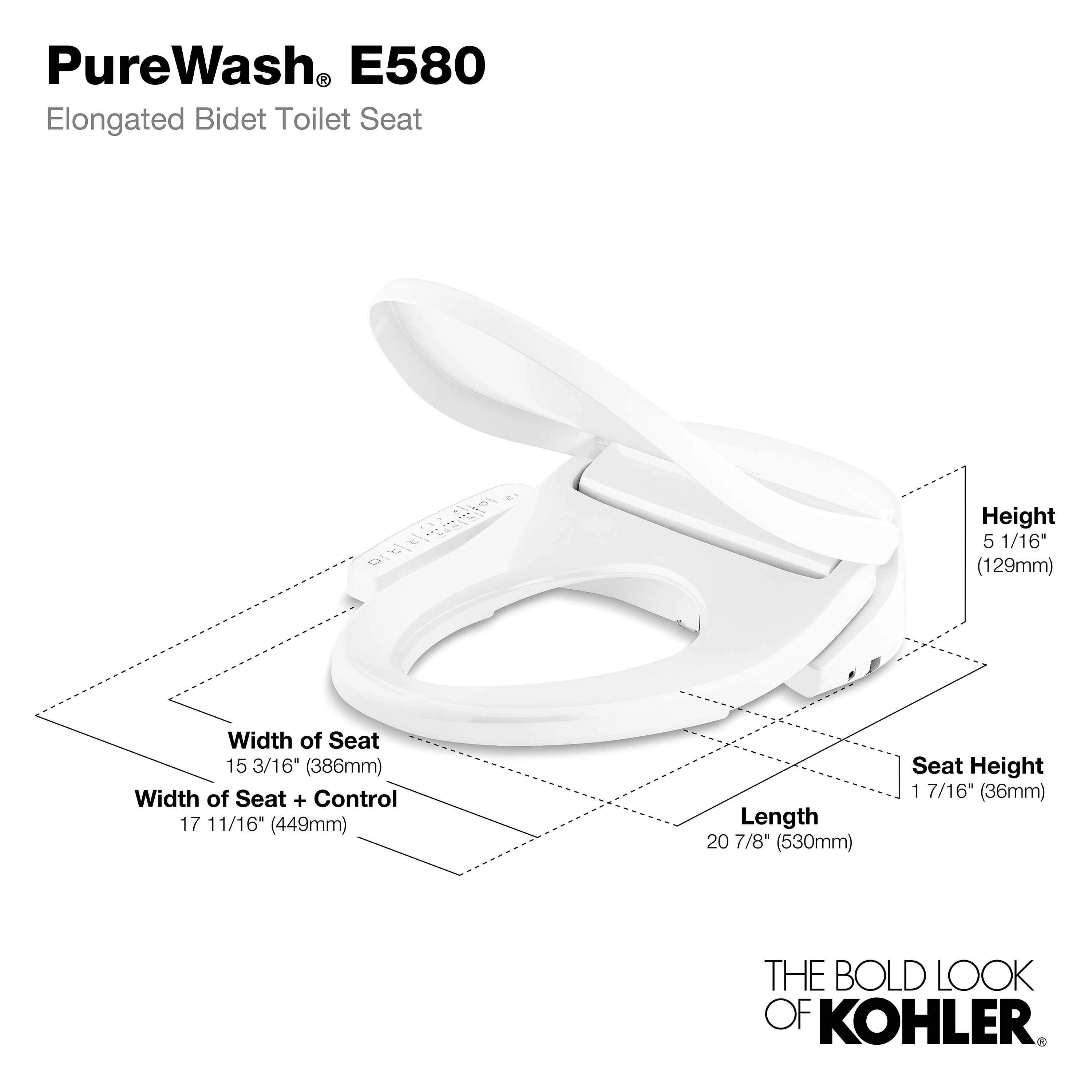 Asiento de Inodoro con Bidet Caliente y Cierre Suave Alargado de Plástico Blanco Purewash E580 de KOHLER