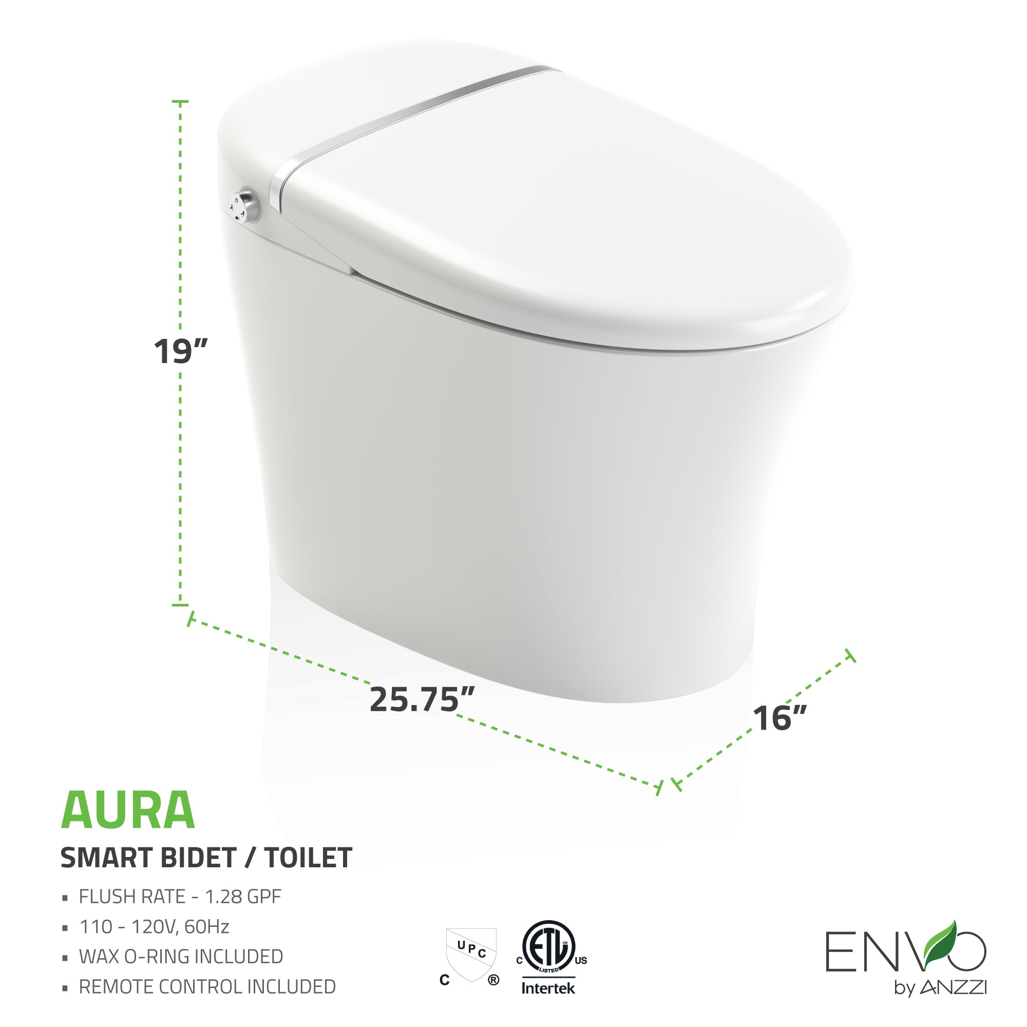 Bidet inteligente con cierre suave y sin contacto, altura estándar alargada en blanco ANZZI