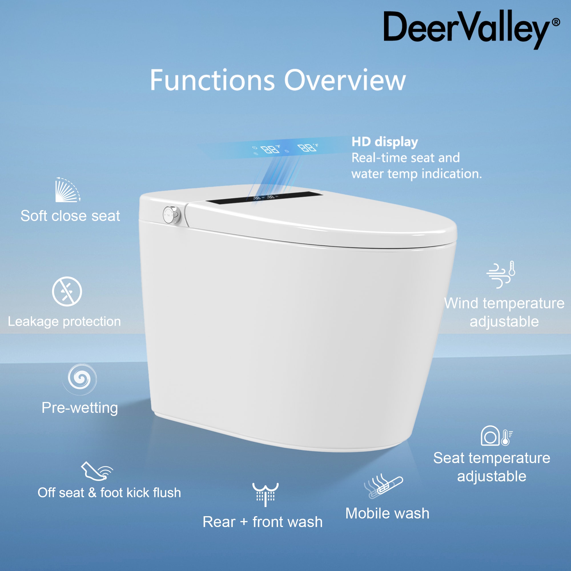 DeerValley Vertex Blanco Inodoro Sin Contacto alargado Altura estándar Suave Cierre inteligente 1 pieza Bidé 12 pulgadas de instalación áspera 1.28 GPF DV-1S0159