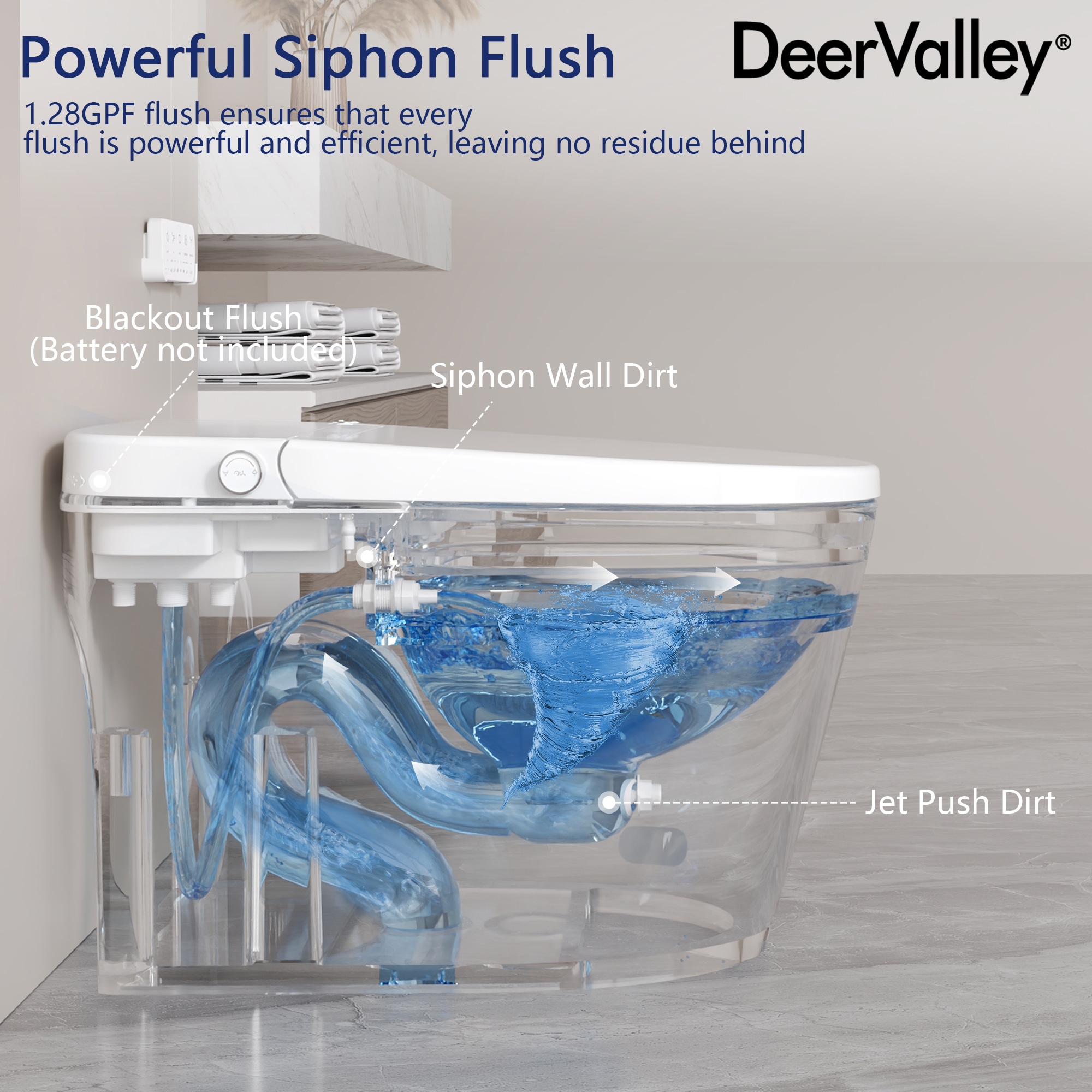 DeerValley Vertex Blanco Inodoro Sin Contacto alargado Altura estándar Suave Cierre inteligente 1 pieza Bidé 12 pulgadas de instalación áspera 1.28 GPF DV-1S0159