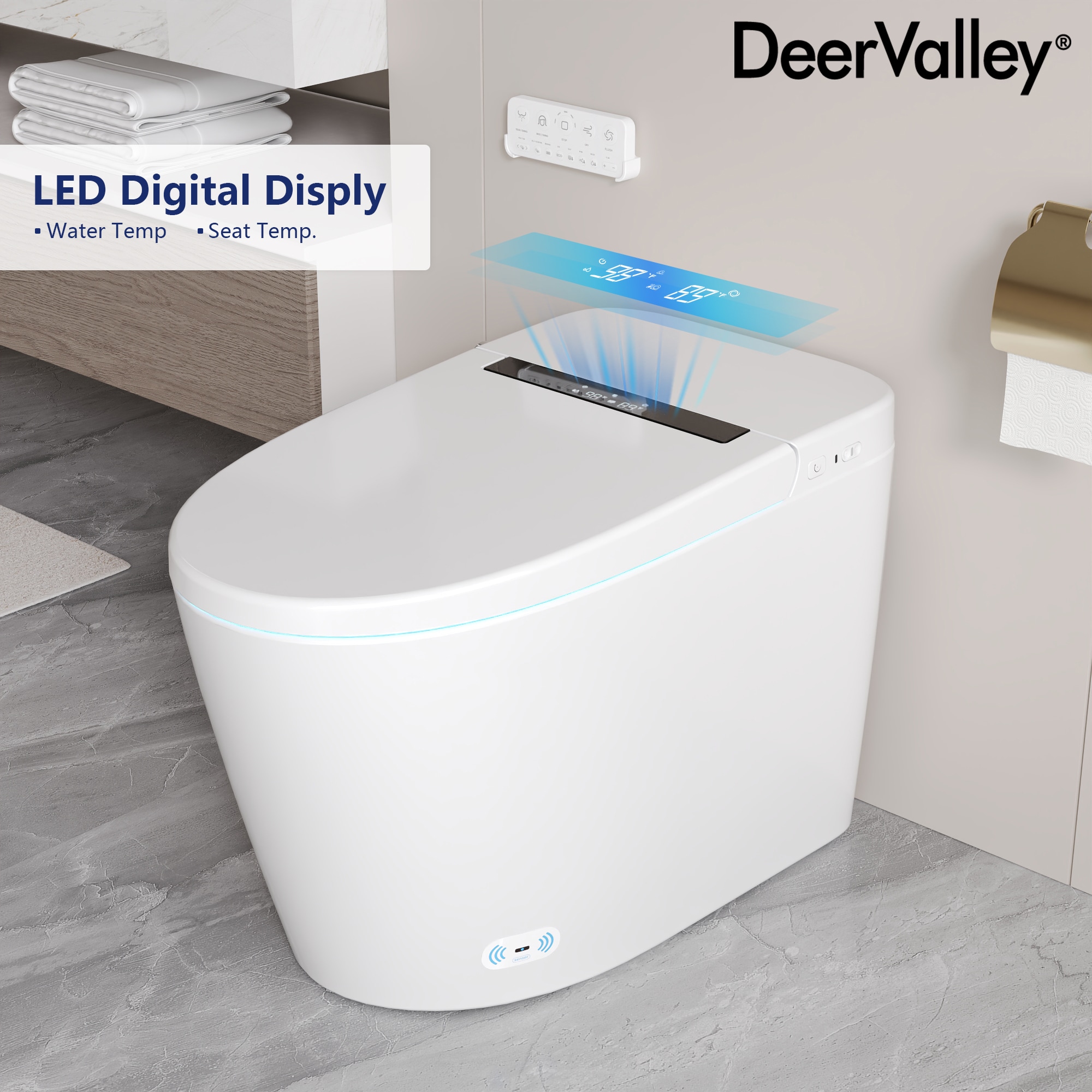 DeerValley Vertex Blanco Inodoro Sin Contacto alargado Altura estándar Suave Cierre inteligente 1 pieza Bidé 12 pulgadas de instalación áspera 1.28 GPF DV-1S0159