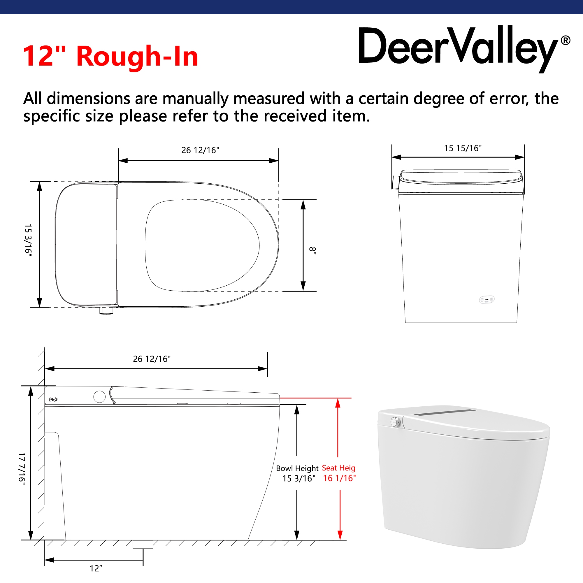 DeerValley Vertex Blanco Inodoro Sin Contacto alargado Altura estándar Suave Cierre inteligente 1 pieza Bidé 12 pulgadas de instalación áspera 1.28 GPF DV-1S0159