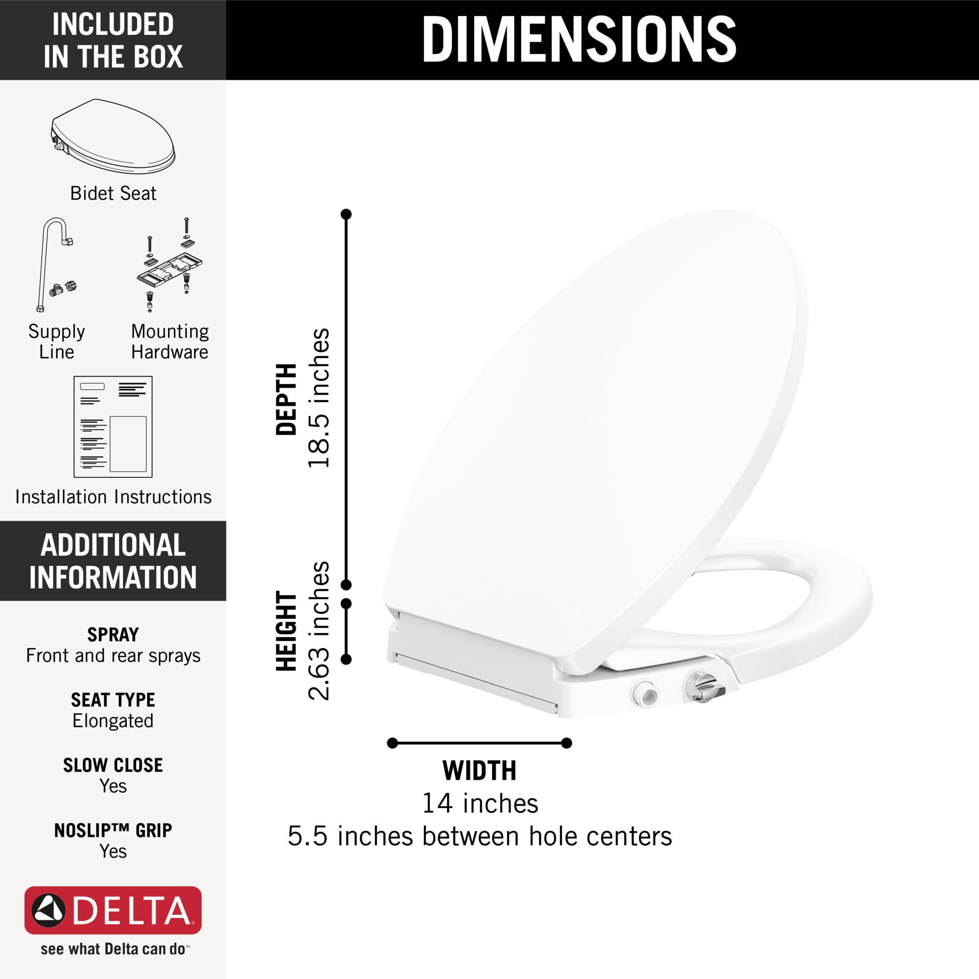 Asiento de Bidé de Plástico Blanco Alargado con Cierre Suave Manual Delta Refresh
