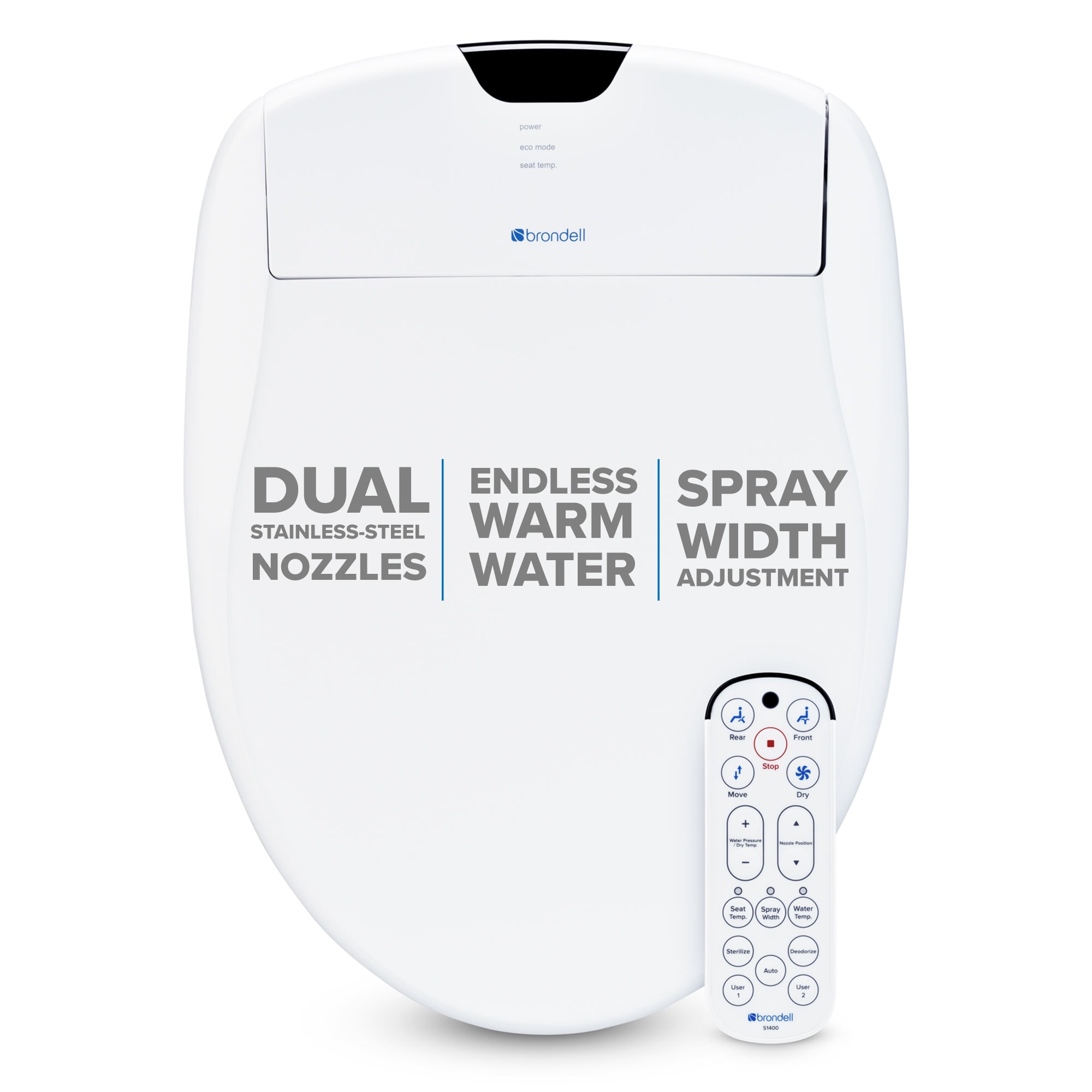 Asiento de inodoro con bidet eléctrico Brondell Swash 1400 en plástico blanco alargado con cierre suave y calefacción