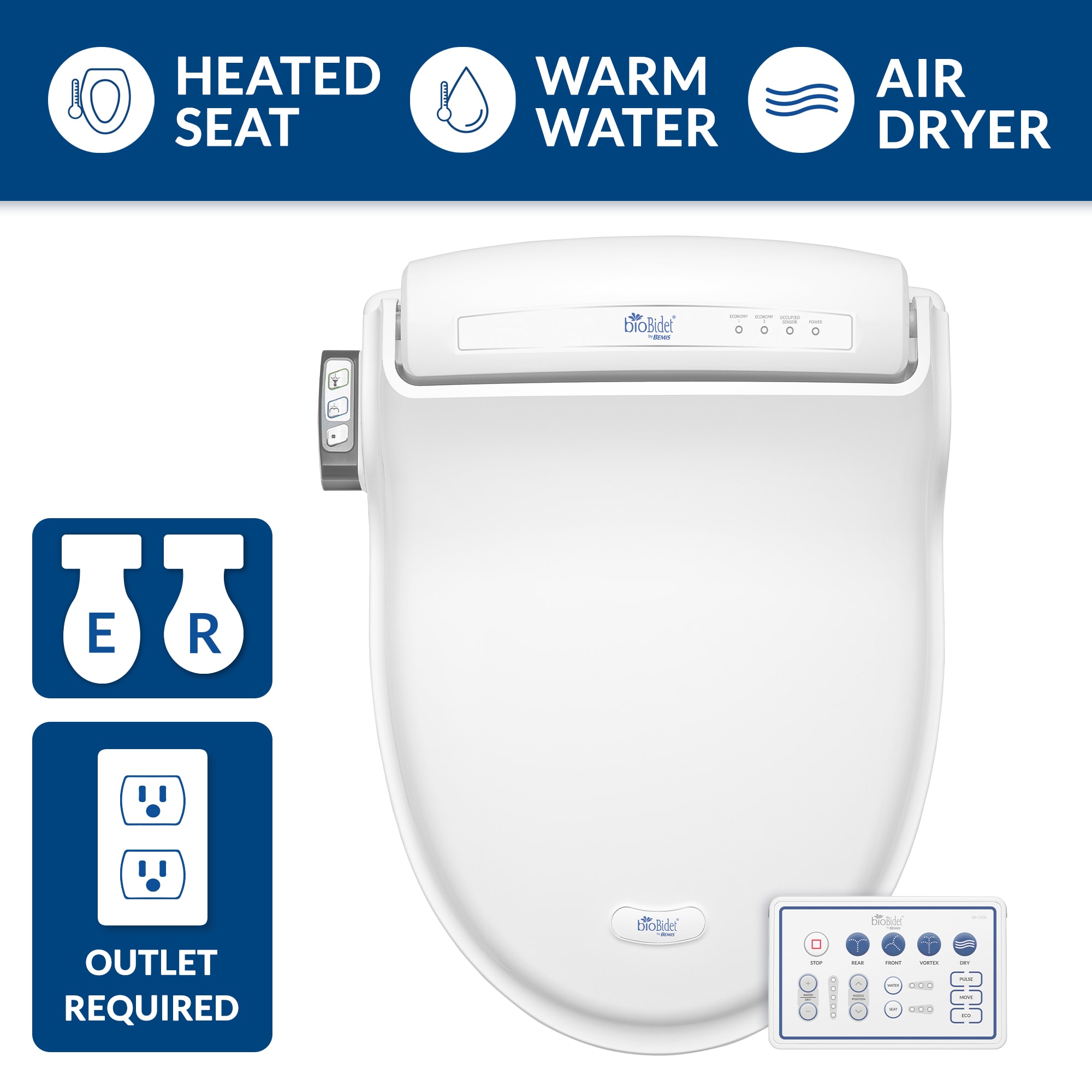 Asiento de inodoro bidet con cierre suave, calefacción y secado, blanco de plástico alargado Bio Bidet BB-1000