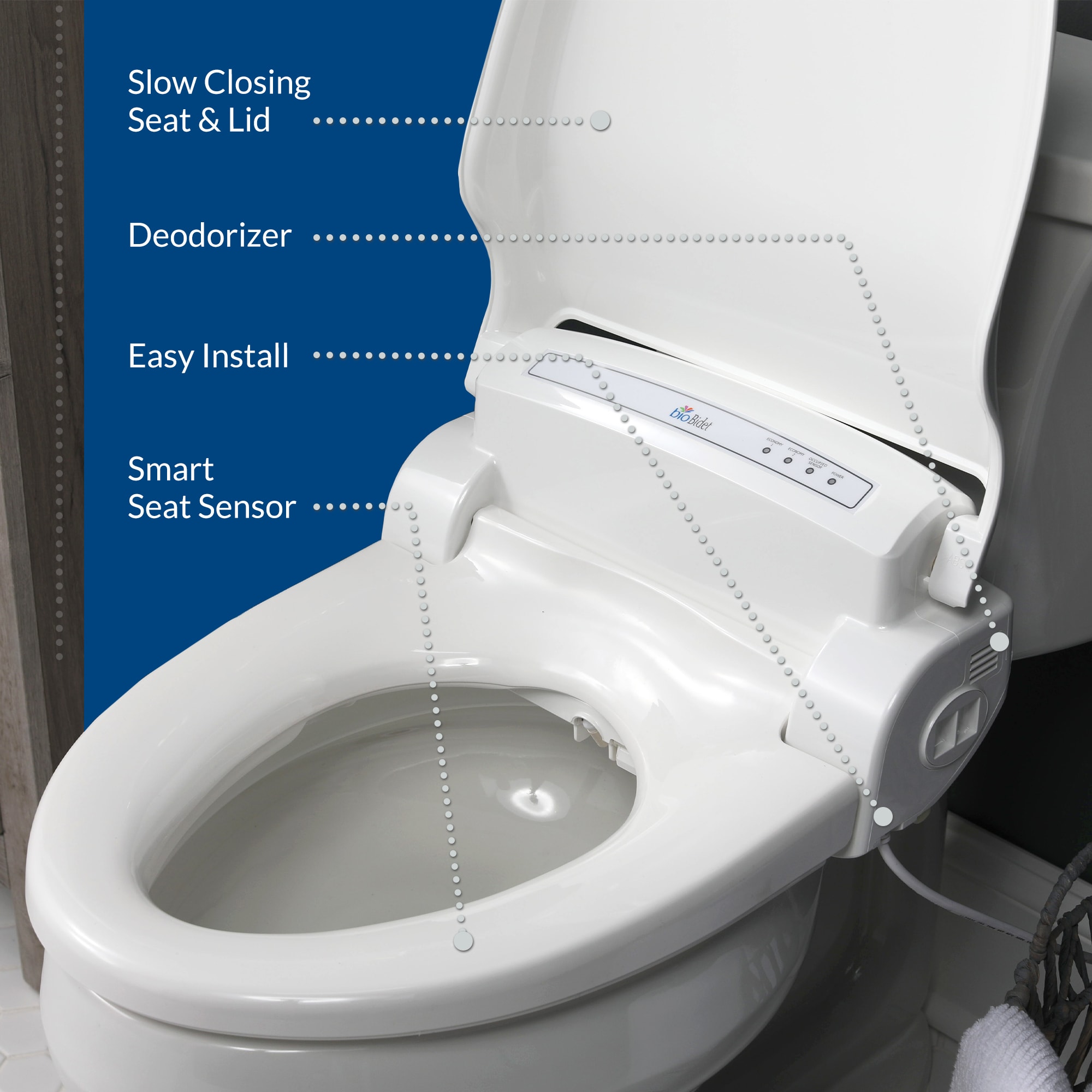 Asiento de inodoro bidet con cierre suave, calefacción y secado, blanco de plástico alargado Bio Bidet BB-1000