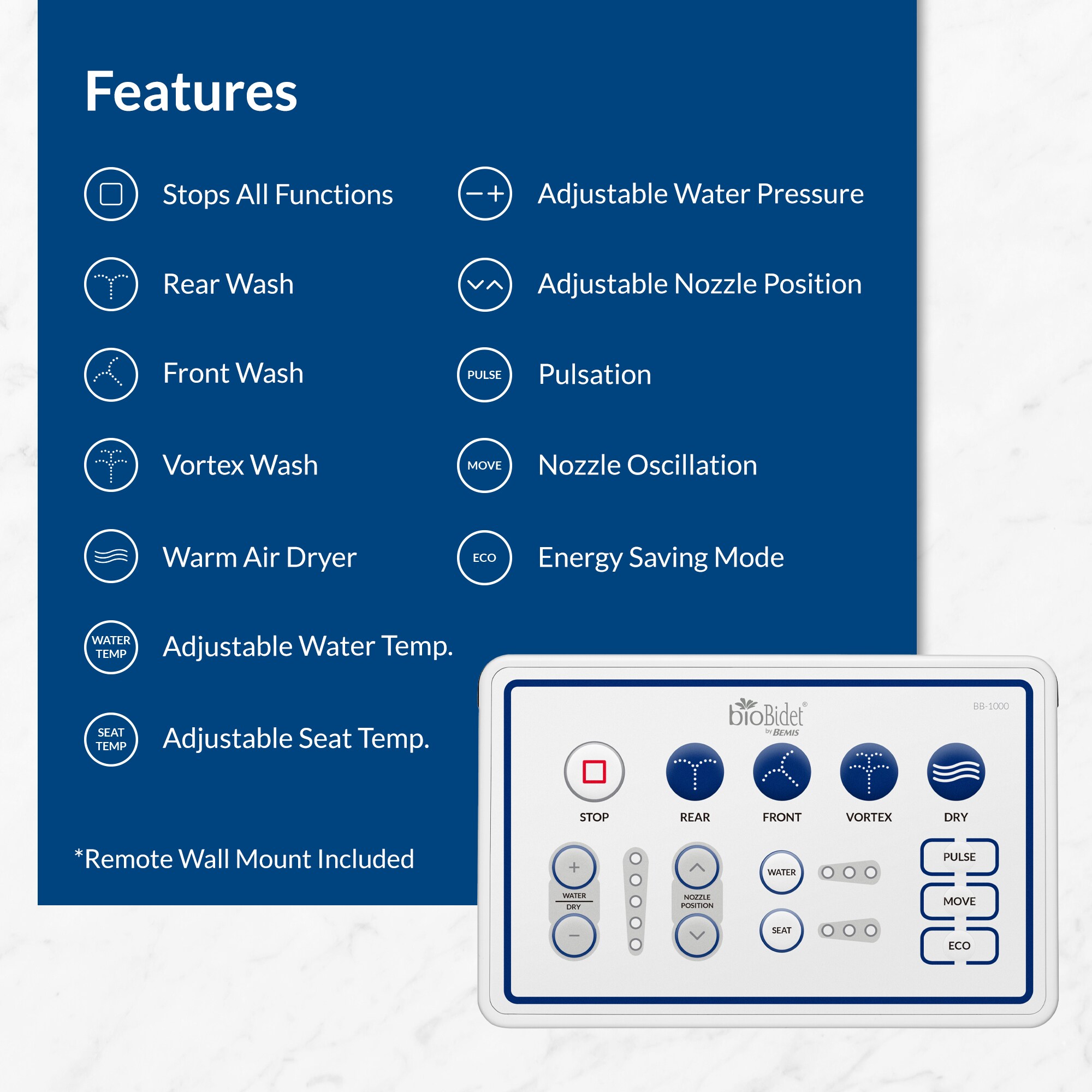 Asiento de inodoro bidet con cierre suave, calefacción y secado, blanco de plástico alargado Bio Bidet BB-1000