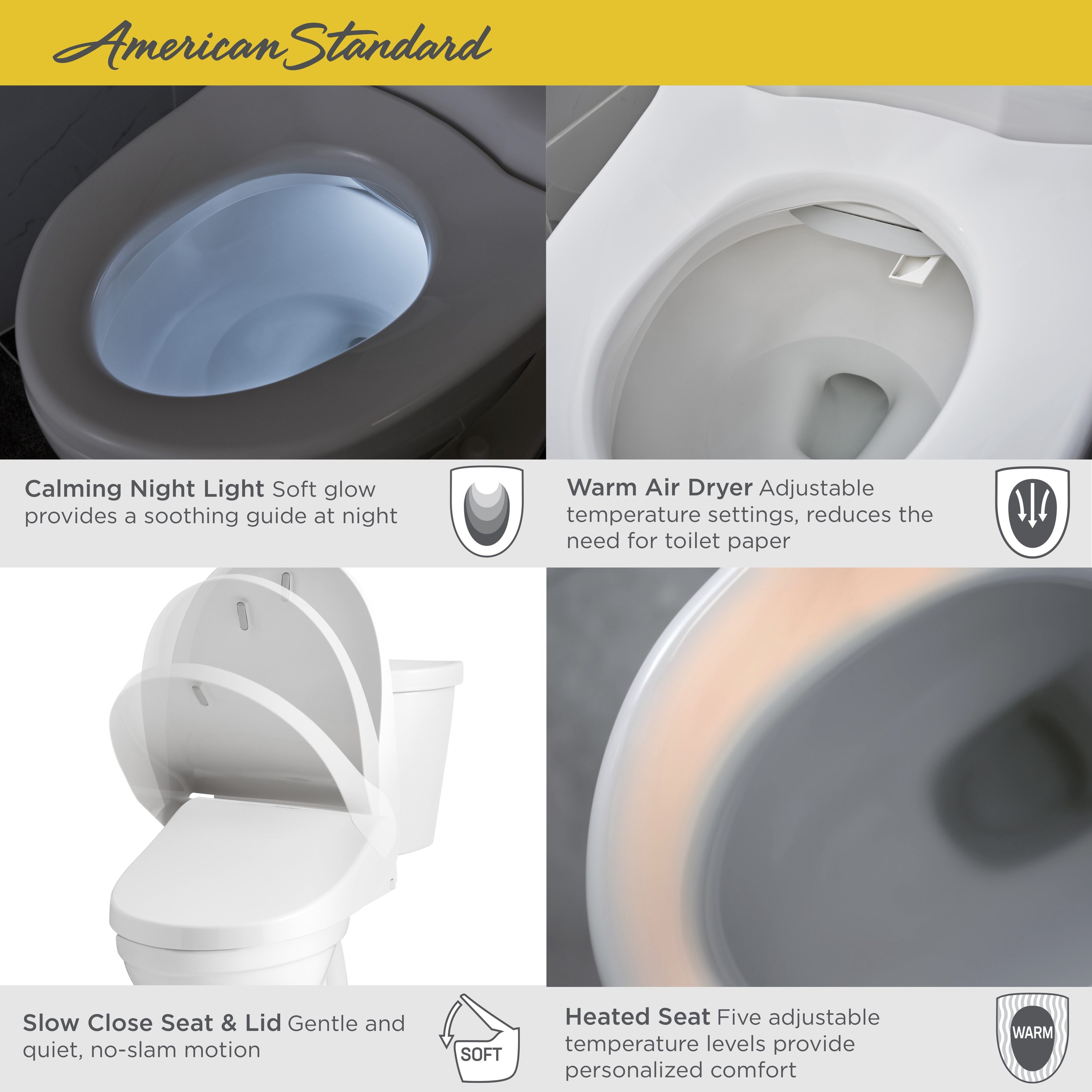 Asiento de inodoro bidet alargado inteligente blanco de plástico con cierre suave y calefacción American Standard Advanced Clean 2.5