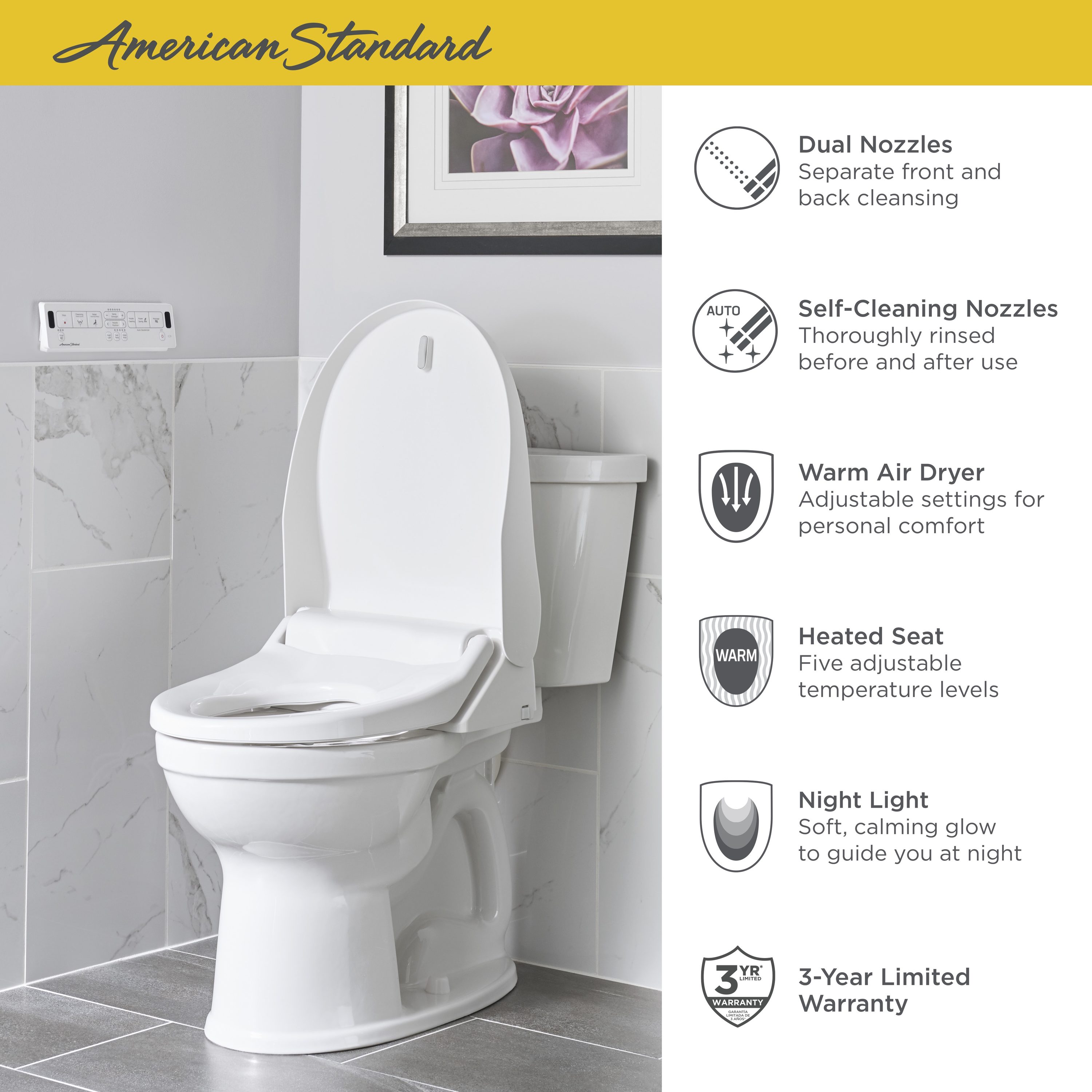 Asiento de inodoro bidet alargado inteligente blanco de plástico con cierre suave y calefacción American Standard Advanced Clean 2.5