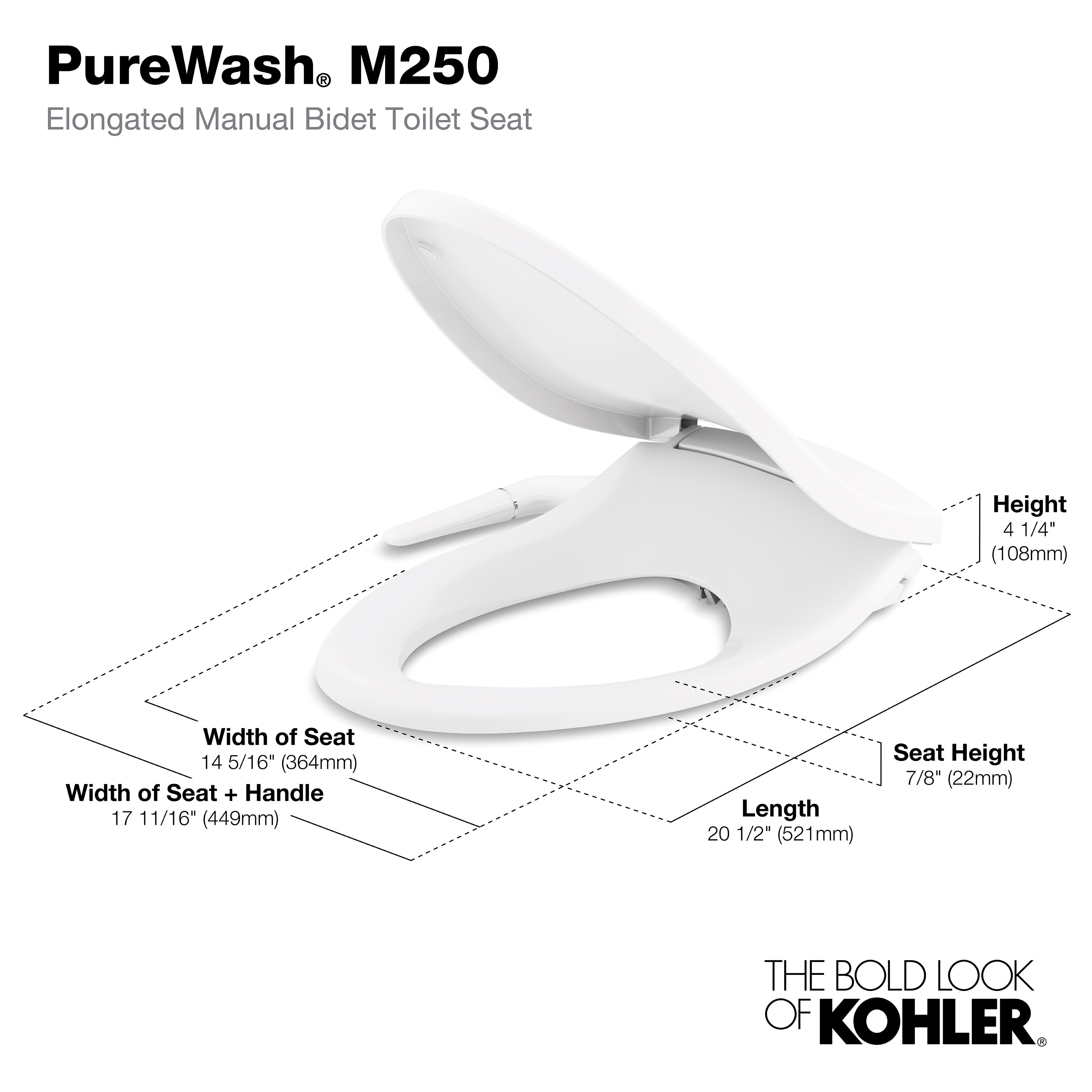 Asiento de inodoro bidet alargado de plástico blanco con cierre suave KOHLER PureWash M250