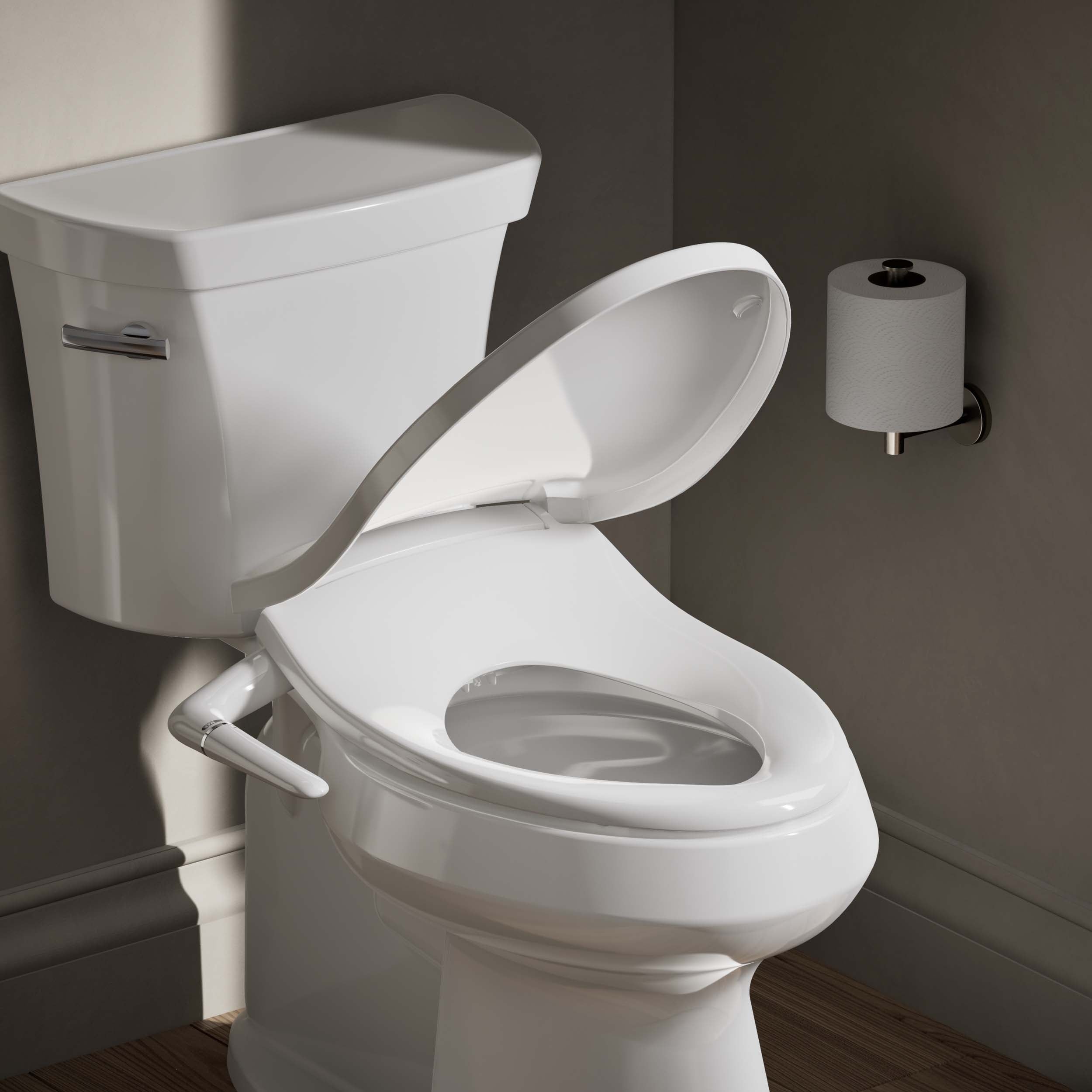 Asiento de inodoro bidet alargado de plástico blanco con cierre suave KOHLER PureWash M250